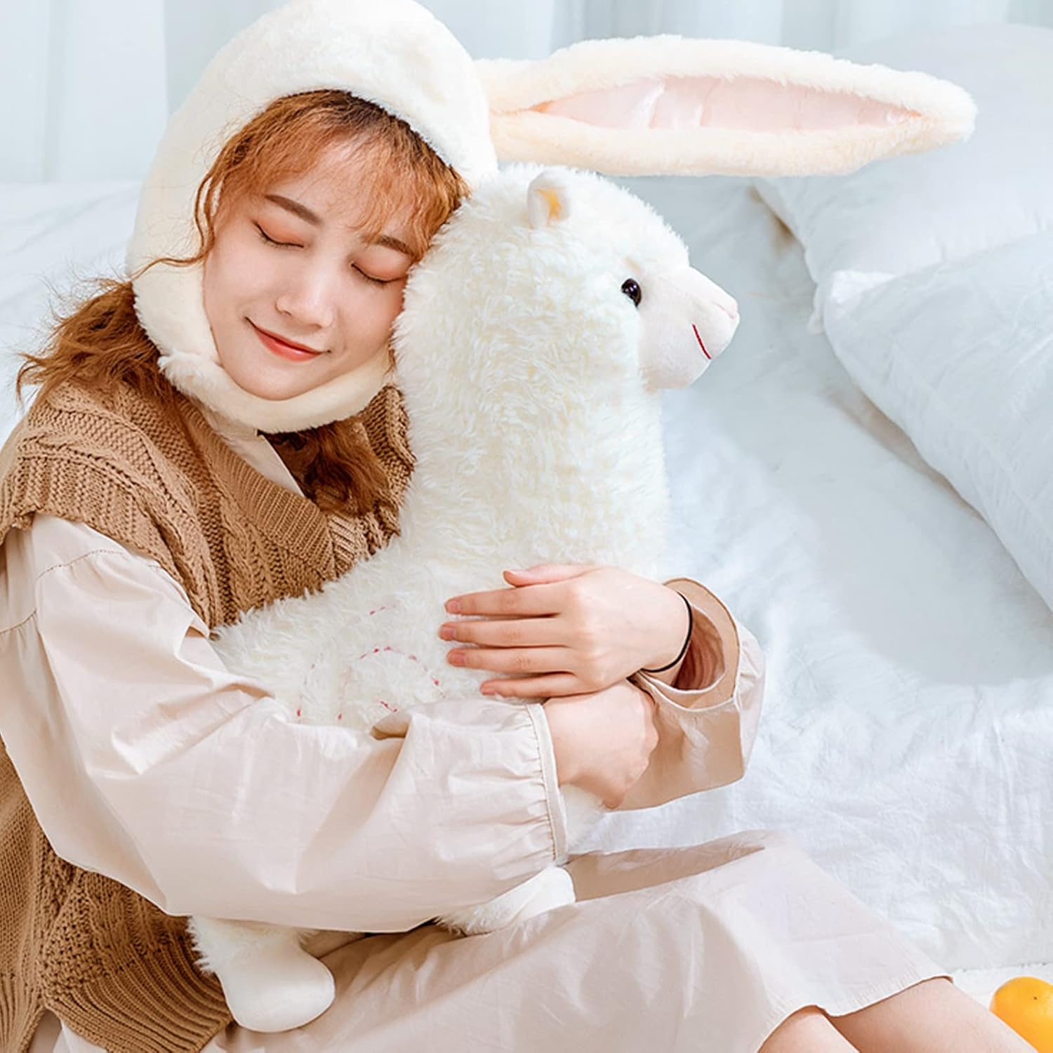 18 Inch Alpaca Plush Hug Pillow, Soft Llama Stuffed Animal Plushie Stuffed Llama Alpaca Plush Pillow, Large Soft Fluffy Cushion(White)