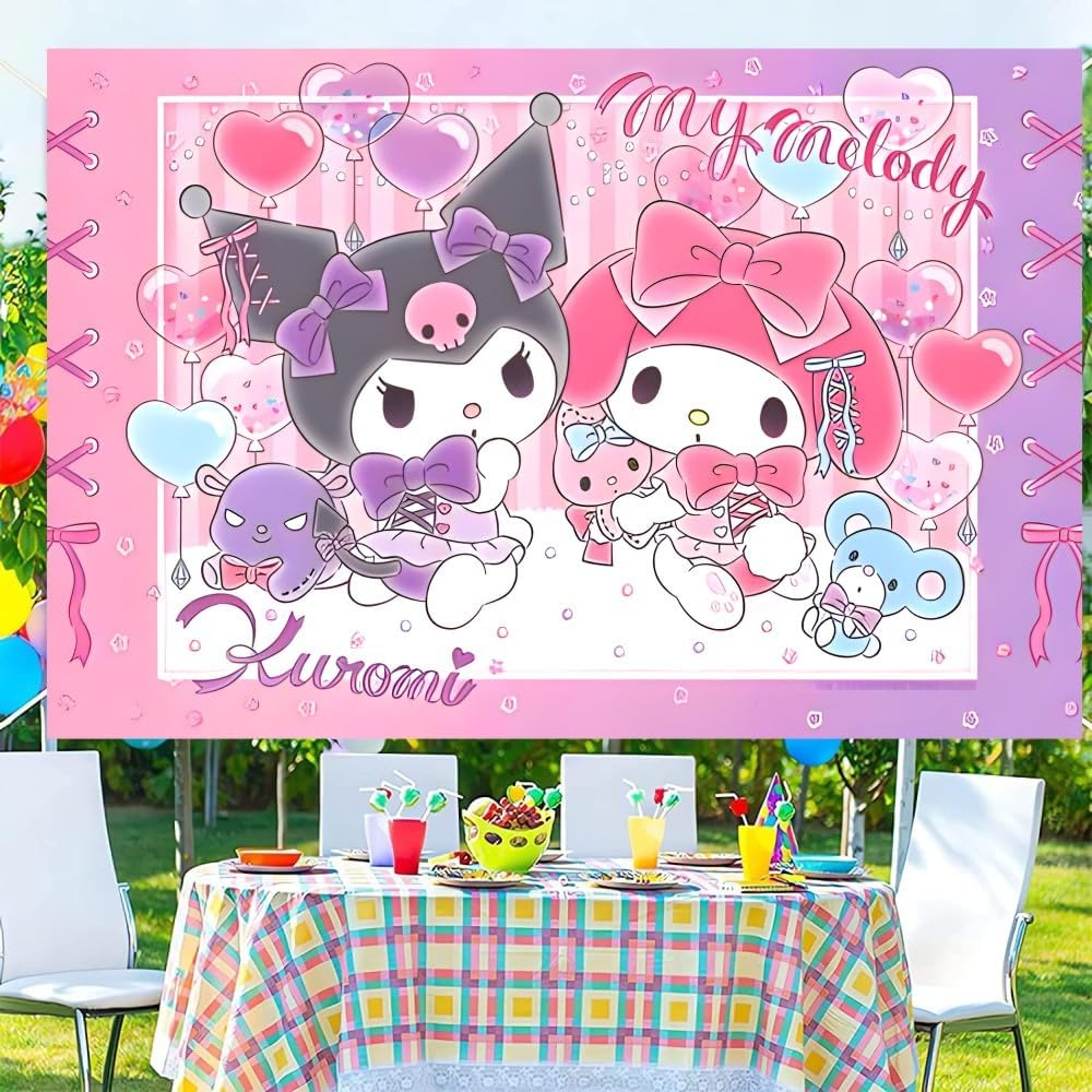Kawaii and Melody Background Party Supplies, Happy Birthday Banner Backdrop for Kids Party Decorations (5X3Ft) image number 4