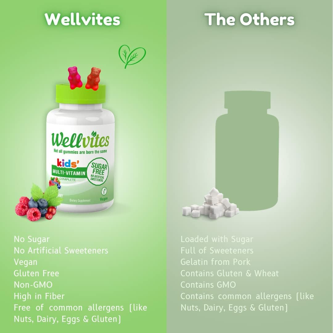 Wellvites Kids Sugar Free Daily Gummy Vitamin: Vegan, Sweetener Free, Gluten Free Multivitamin with 5G Fiber, Vitamin D3, Vitamin B6, 60 Count (30 Day Supply) image number 2