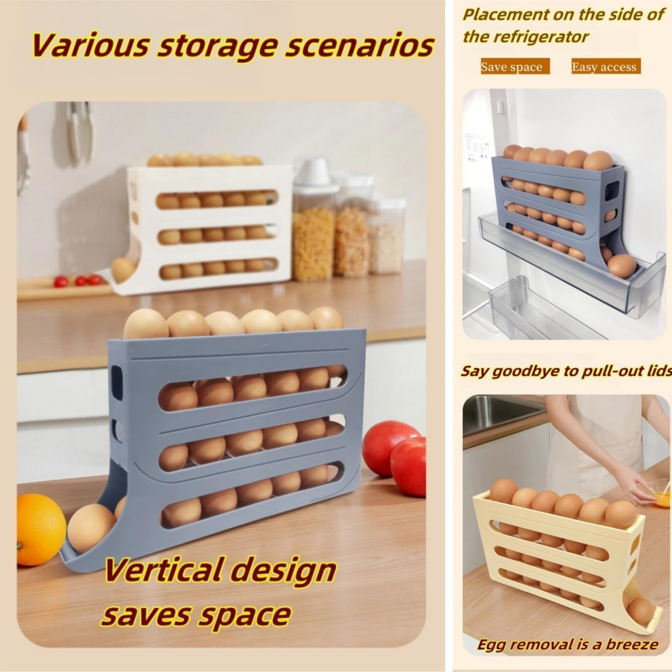 WADY Egg Holder for Fridge, 4 Tier Egg Dispenser for Refrigerator, Auto Rolling Fridge Egg Organizer, Space-Saving Egg Dispenser Holder, Large Capacity Egg Dispenser for Refrigerator (Transparent) image number 1