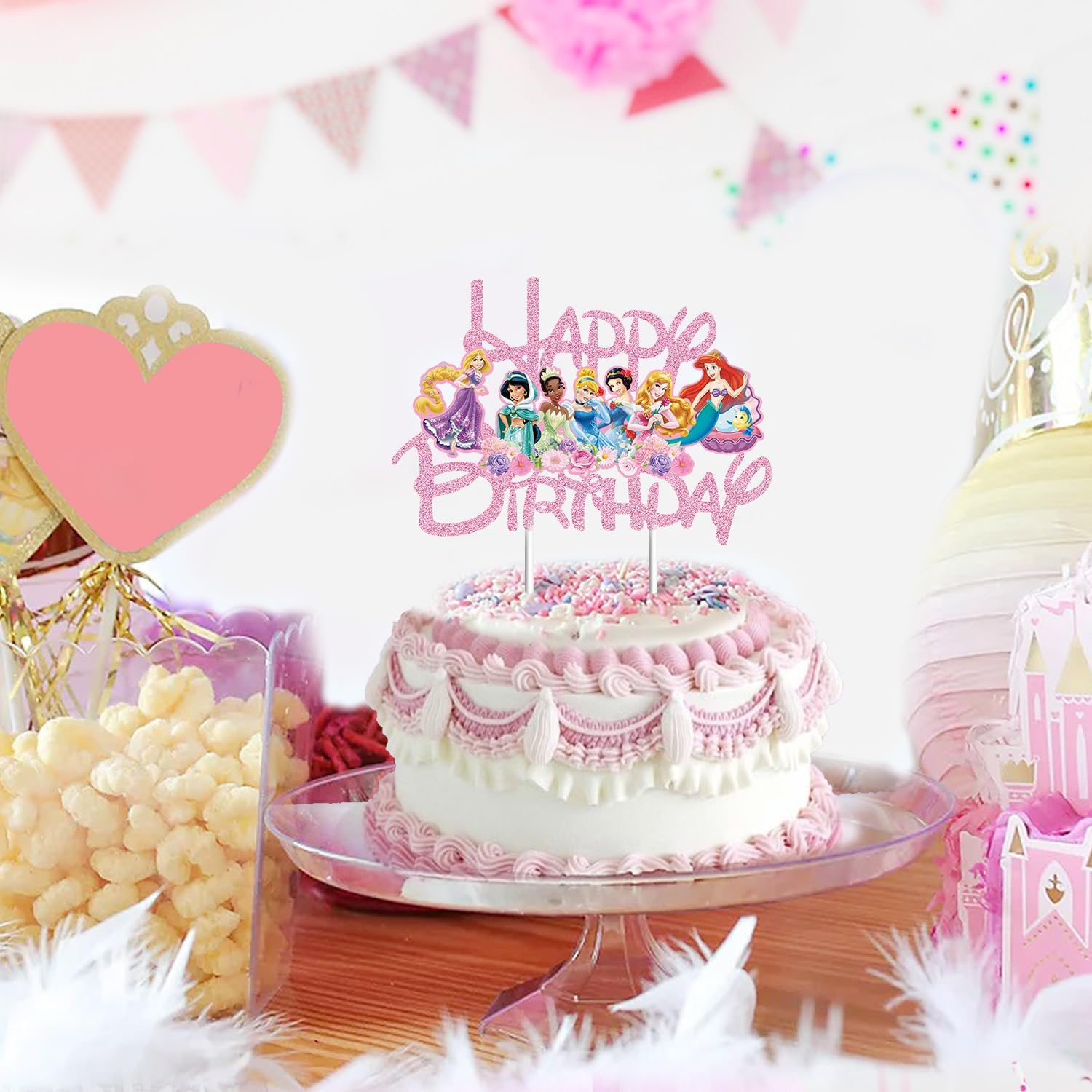 Compr Pink Glitter Princess Cake Toppers for Girls, Castle Party Decorations, Birthday Party Suppliers, 1 X 7.5" X 4.7" Doubled-Sided image number 5