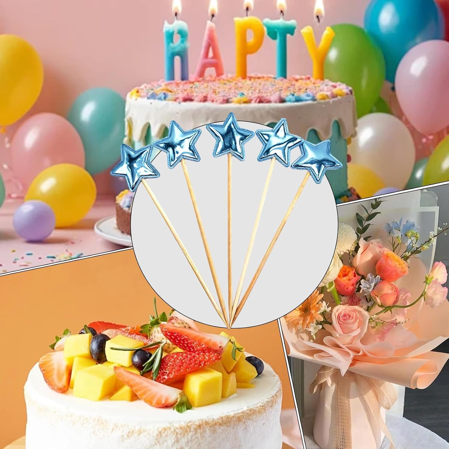 Star Cupcake Toppers - 5X Birthday Cake Decor Stake - Food-Grade Glitter Decorative Cupcake Picks for Children Birthday Cake Decor image number 2