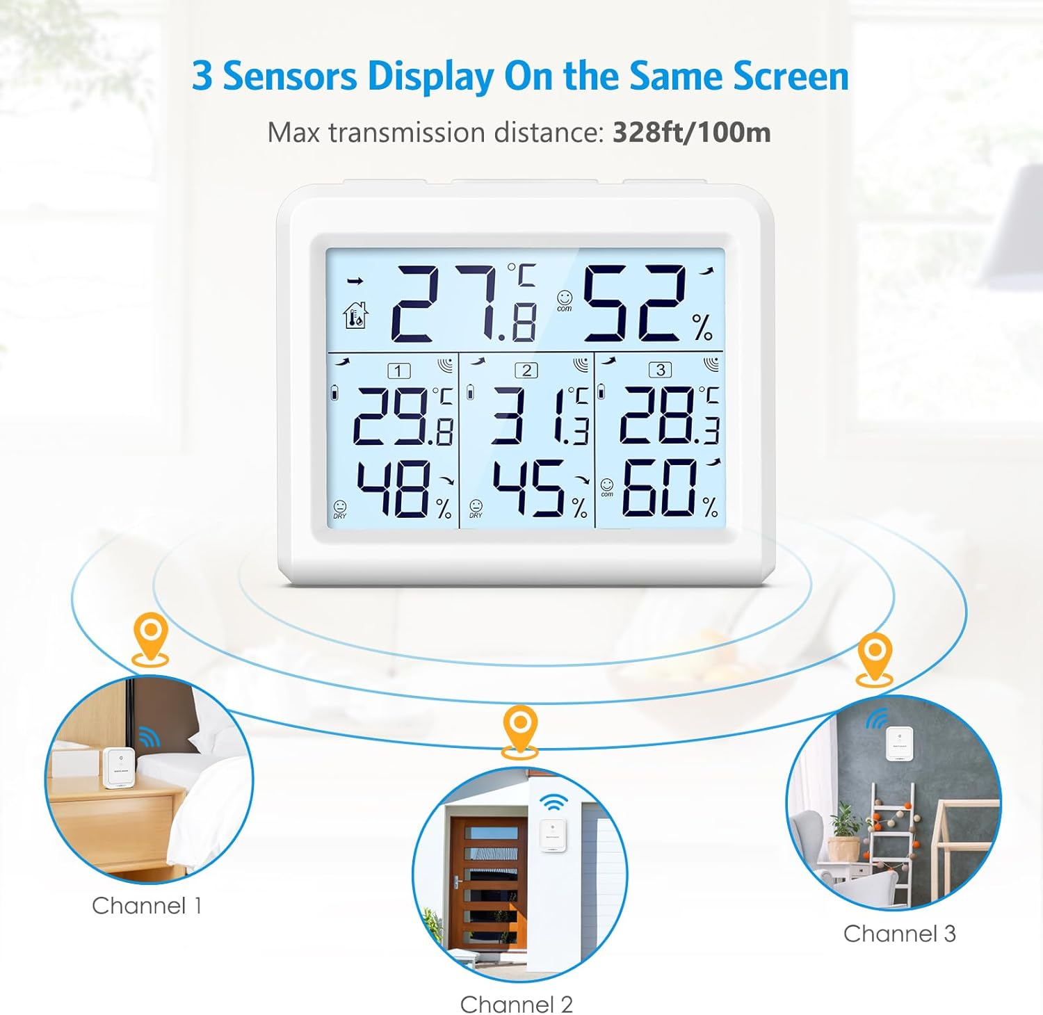 AMIR Indoor Outdoor Thermometer, 3 Channels Digital Hygrometer Thermometer with 3 Sensor, Temperature Humidity Monitor with LCD Display, Wireless Humidity Gauge for Home, Baby Room image number 5