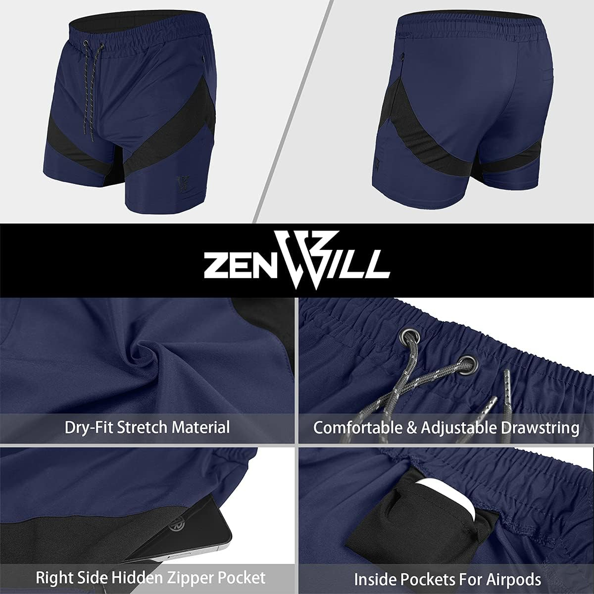ZENWILL Mens Lightweight Running Sport Shorts Athletic Men Short with Zip Pocket image number 5