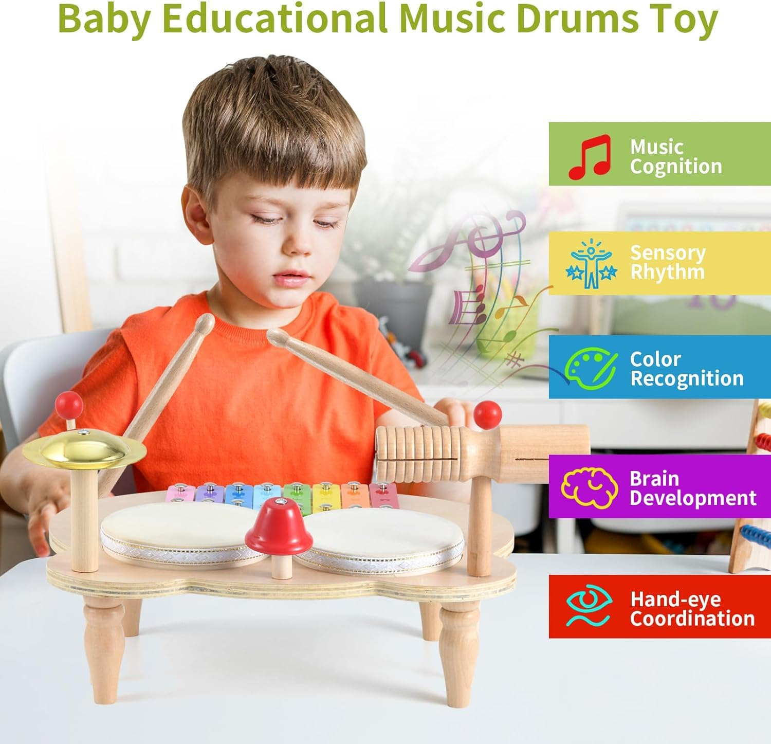 Kids Drum Set for Toddlers Baby Music Instruments 7 in 1 Montessori Preschool Musical Toys Children Drum Kit Xylophone Tambourine Birthday Gifts for Boys and Girls Natural Wooden Music Kit image number 1