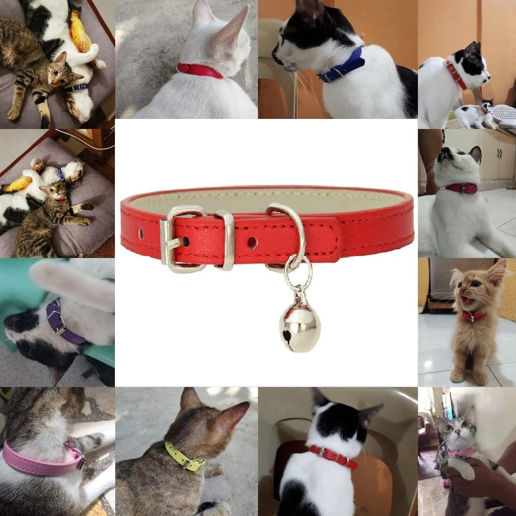 Leather Pet Collars for Cats,Puppy Dog,Kitten Collar with Bell (Red, S) image number 3