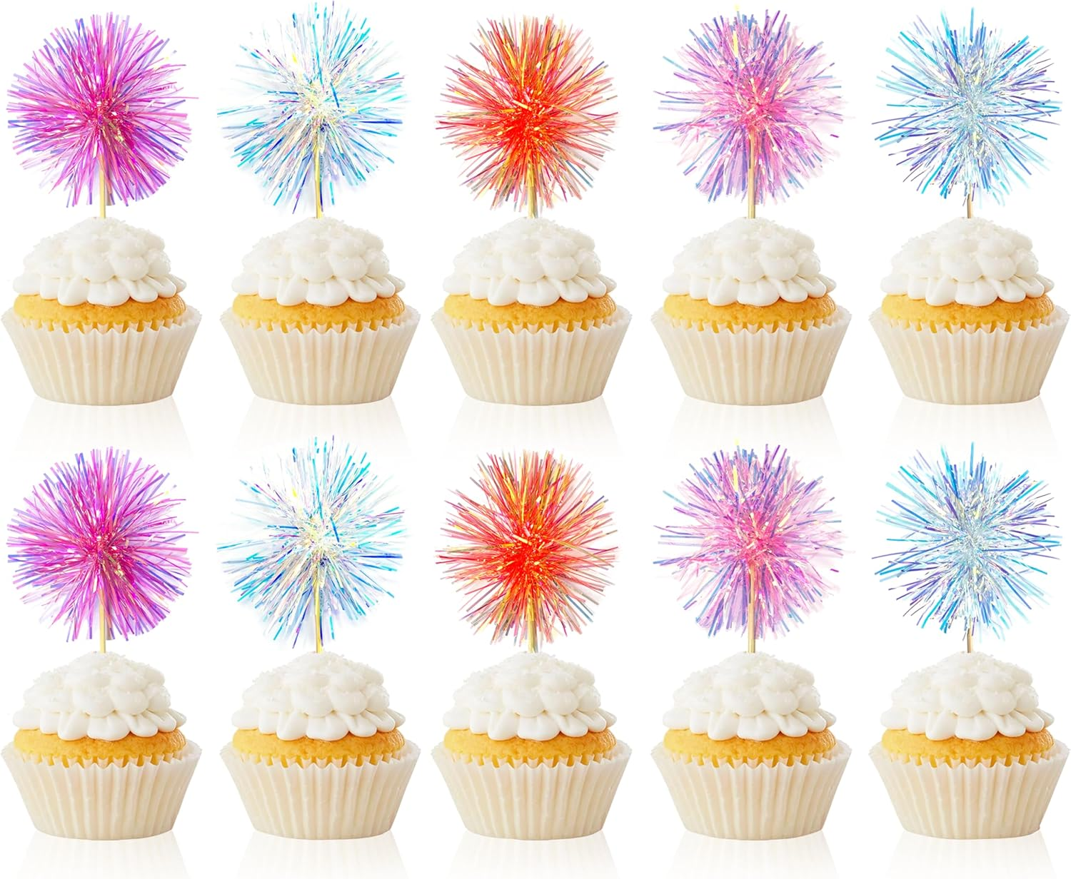 30PCS Foil Firework Cupcake Toppers, Takemay Happy Birthday Rose Cake Toppers, Sparkle Tinsel Flower Drink Stirrers Cocktail Food Fruit Toothpicks for Xmas Party Birthday Wedding Ceremony