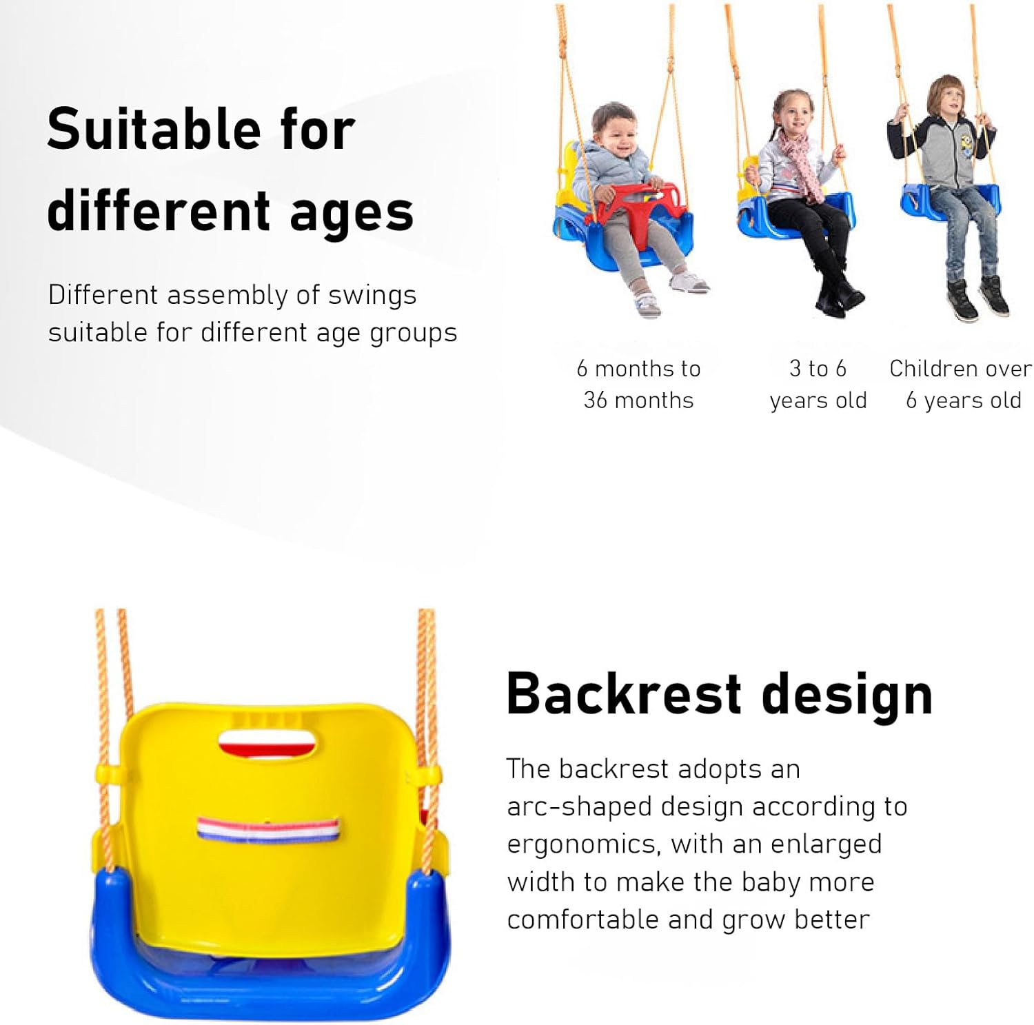 3 in 1 Toddler Swing Set, Heavy Duty Detachable Baby Swing Seat, Ergonomics Arc Shaped Backrest, Rope Length Adjustable, Kids Swing Set for Backyard Playground Indoor Outdoor