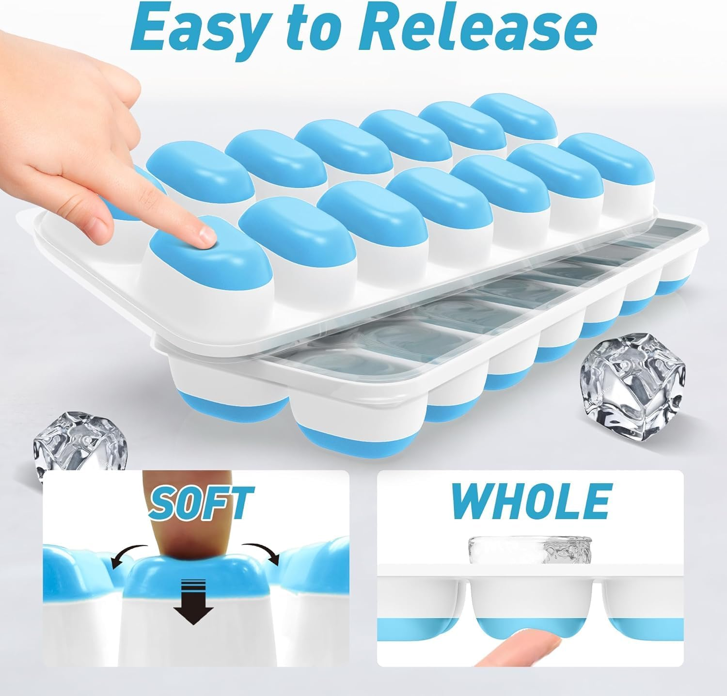 Ice Cube Tray with Lid, 2 Packs 28 Cubes Durable Stackable Ice Cube Trays for Freezer with Removable Lids, Easy-Release Plastic & Silicone Ice Tray for Cocktail, Coffee image number 1