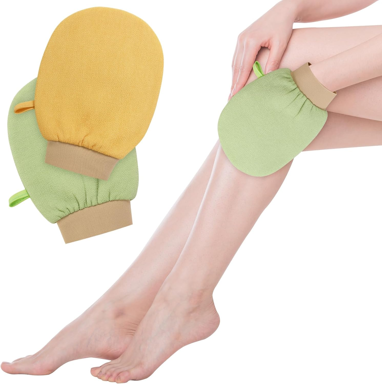 Exfoliating Glove, Exfoliating Mitt for Bath and Shower, 100% Vegan Viscose Exfoliating Body Scrubber, Dead Skin Remover & Body Scrubber Exfoliator, 2Pcs (Beige&Green) image number 4