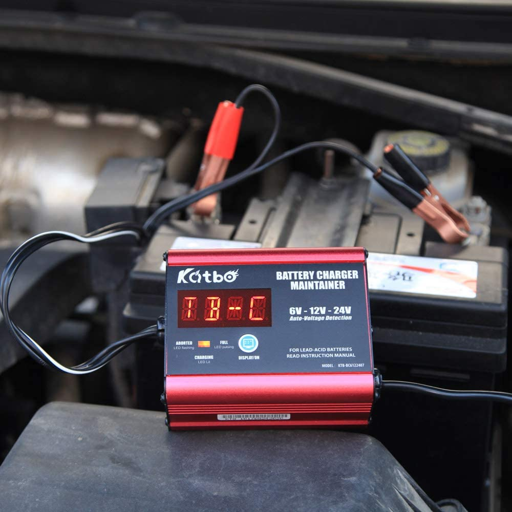 Katbo Battery Charger Maintainer 10A/7A 6V 12V 24V Automatic Voltage Detection Real-Time Battery Monitoring