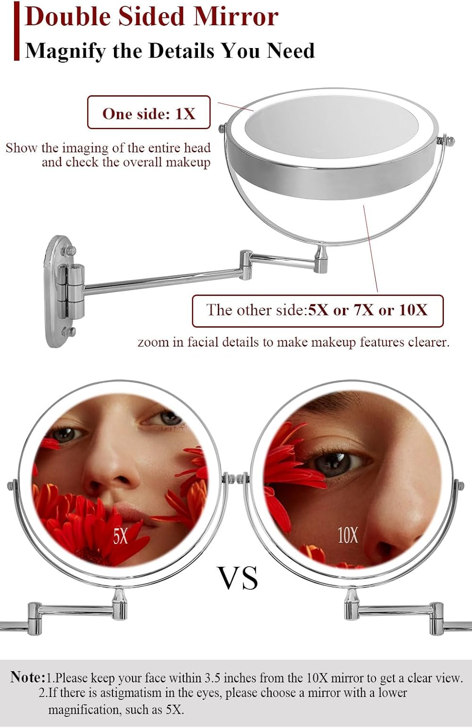 9" Magnifying Mirror with LED Lights Bathroom Large Illuminated Wall Mounted Vanity Mirror for Makeup Shaving (With LED Lights,Black 7X Magnification) image number 3