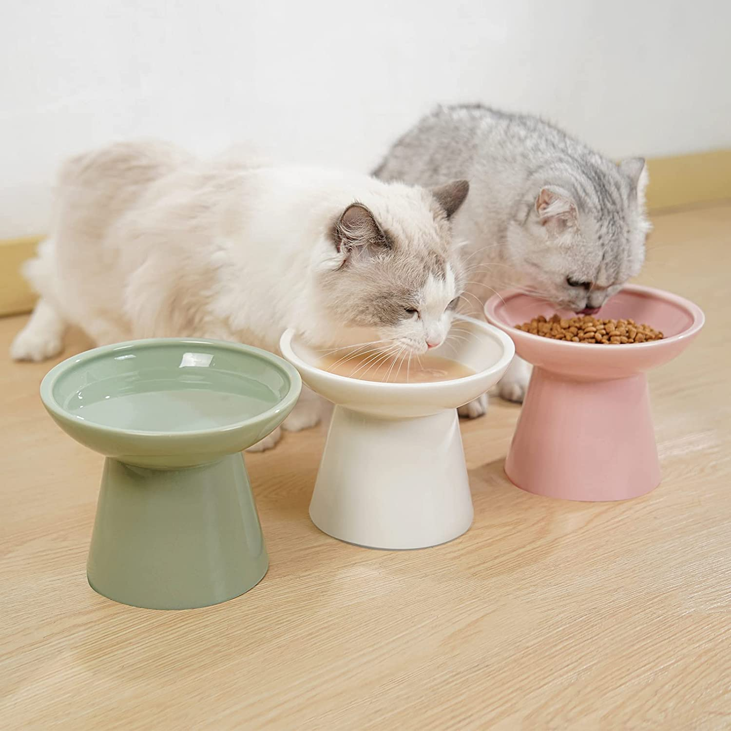 Extra Wide Elevated Cat Bowls - Ceramic Food Bowl 6.2" Raised, Shallow Dish for Whisker Fatigue, Lead & Cadmium Free, 5" Good Height for Feeding - Pink - Blue image number 5