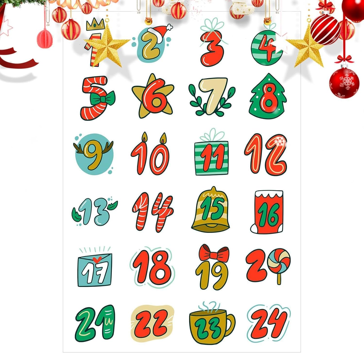 Christmas Number Stickers, 1-24 Numbers Decorative Greeting Card Decals, Countdown Festival Card Sealing Labels for Holiday image number 6