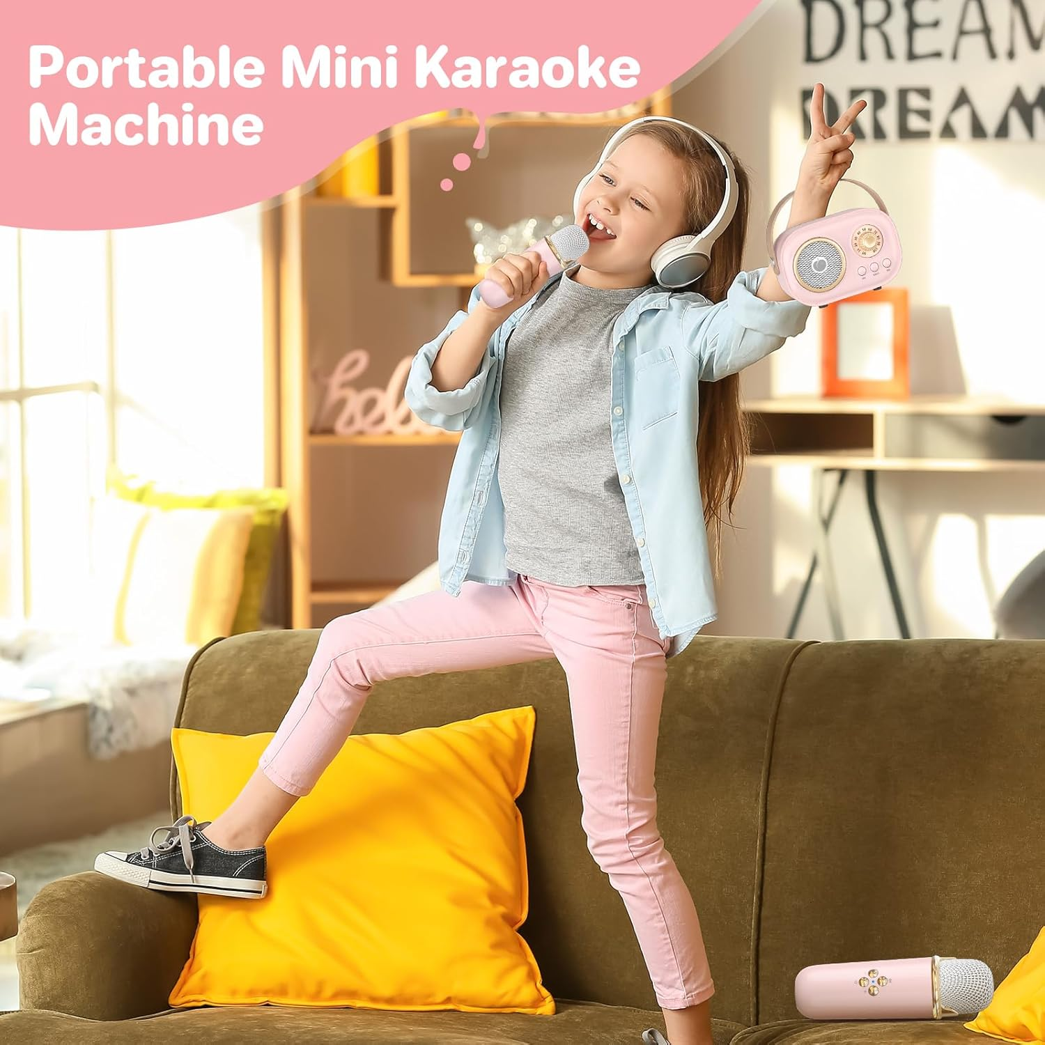 Mini Karaoke Machine for Kids Adults,Portable Bluetooth Speaker with 2 Wireless Microphones, Gifts Toys for Girls 3, 4, 5, 6, 7, 8+ Years Old Toddler Teens Birthday Family Home Party (Pink) - Green image number 3