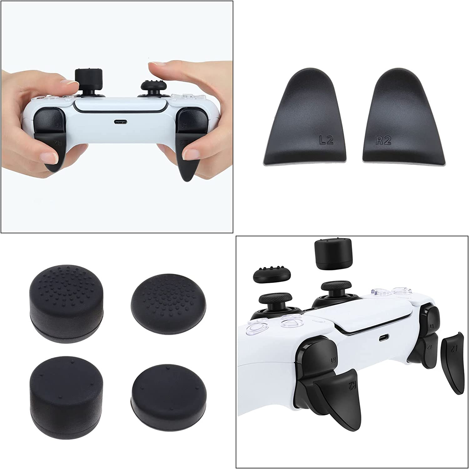 4 Pairs Thumb Grips with 1 Pair R2 & L2 Trigger Extenders Compatible with PS5 Controller Thumbsticks Joystick Cover Rubber Thumb Caps