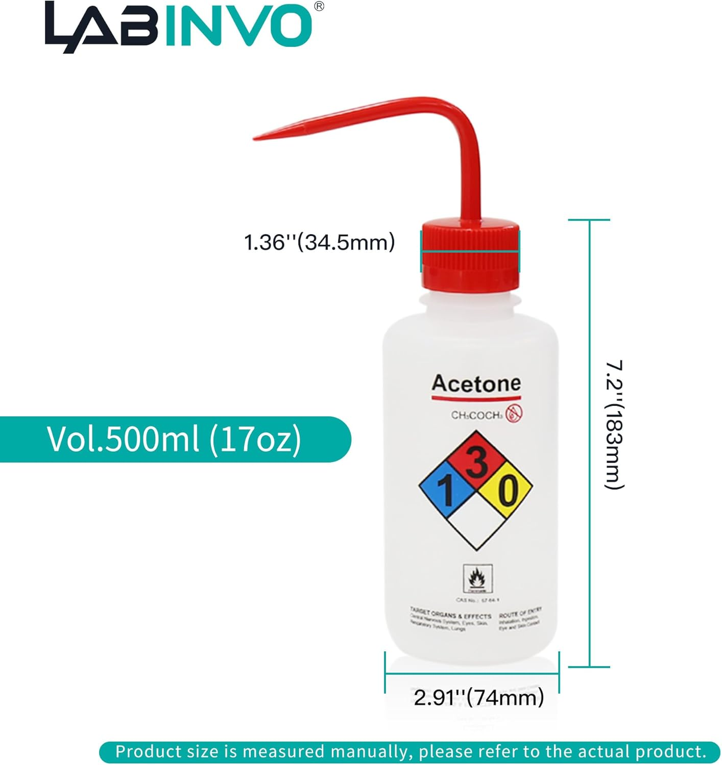 Acetone Wash Bottle, 1PC of Vol.500Ml (17Oz), Narrow Mouth, Self-Venting Safety Wash Bottle, LDPE Material, IN-WBA501 image number 1