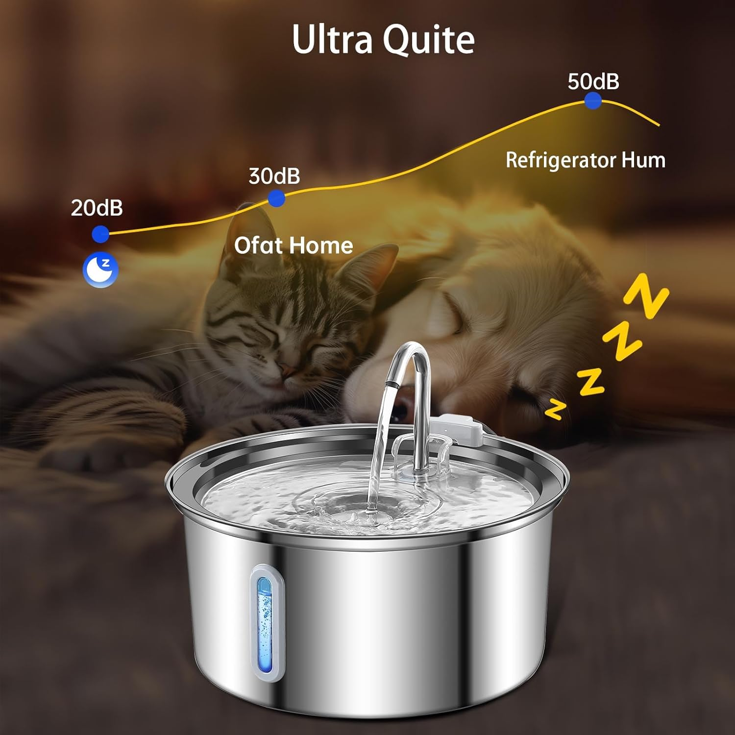 Ofat Home Cat Fountain - Stainless Steel, 108Oz/3.2L Cat Fountain with Water Level Window, Multi-Filter, Silent Pump, Easy to Clean, Provides Flowing Water image number 4