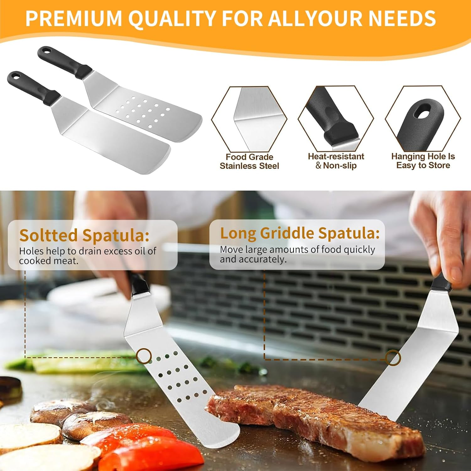 45 Pcs BBQ Kit, BBQ Utensils, Smoker Accessories, Stainless Steel BBQ Tools Set with 2 Basting Cover, Griddle Spatulas, Flat Top, Scraper, Meat Press for Outdoor, Camping, Backyard, Camping image number 3