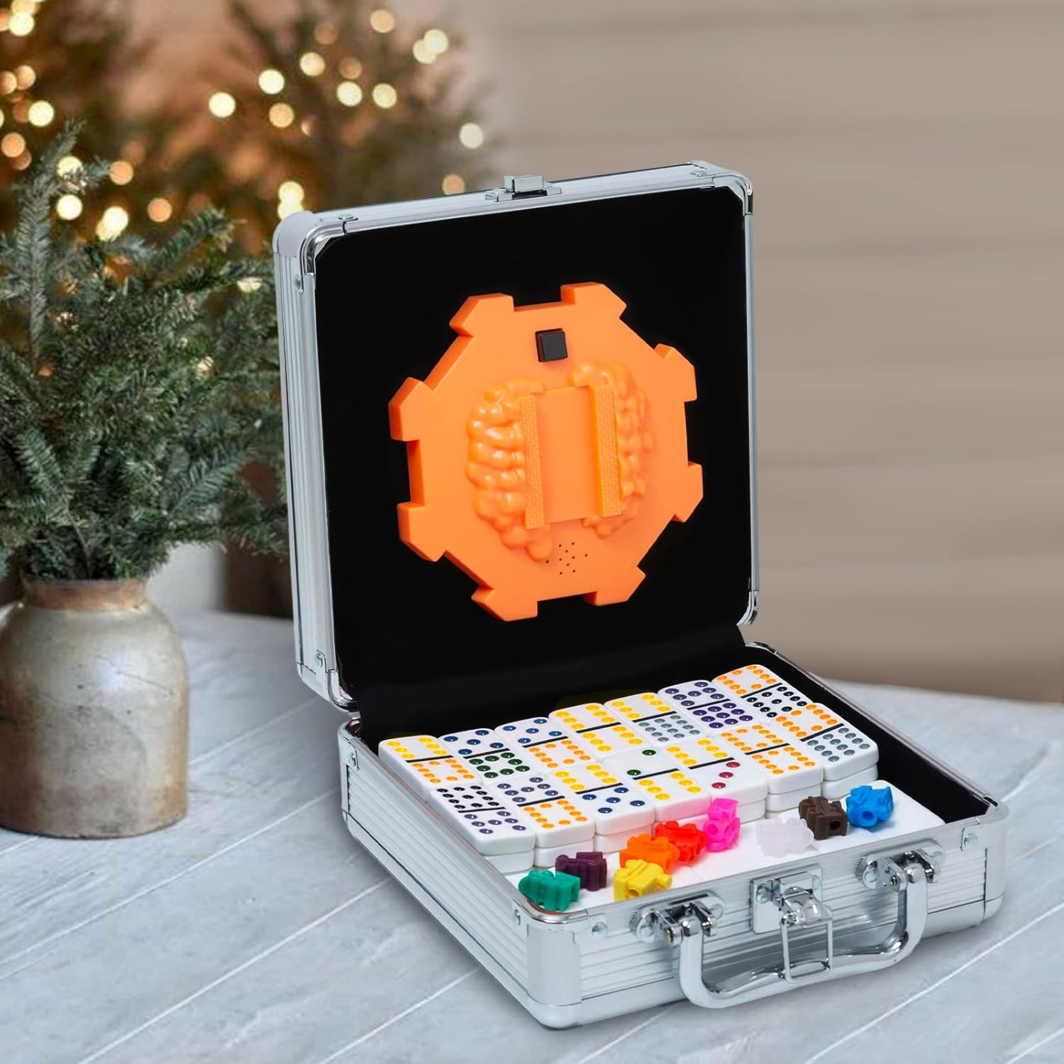 Mexican Train Domino Set with Sound Effect, Yinlo Dominoes Set for Travel, 91 Tiles Double 12 Colored Dominoes Travel Game Set with Aluminum Case for Kids and Families - Lime Green image number 3