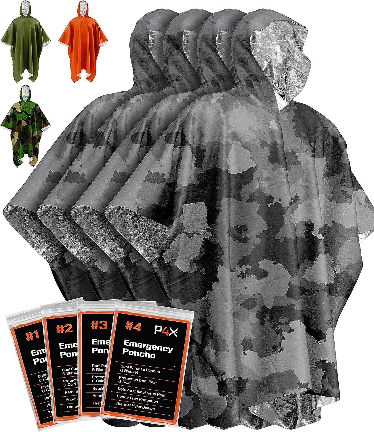 PREPARED4X Emergency Rain Poncho with Mylar Blanket Liner - Survival Blankets for Car - Heavy Duty, Waterproof Camping Gear, Tactical Prepper Supplies&ndash;