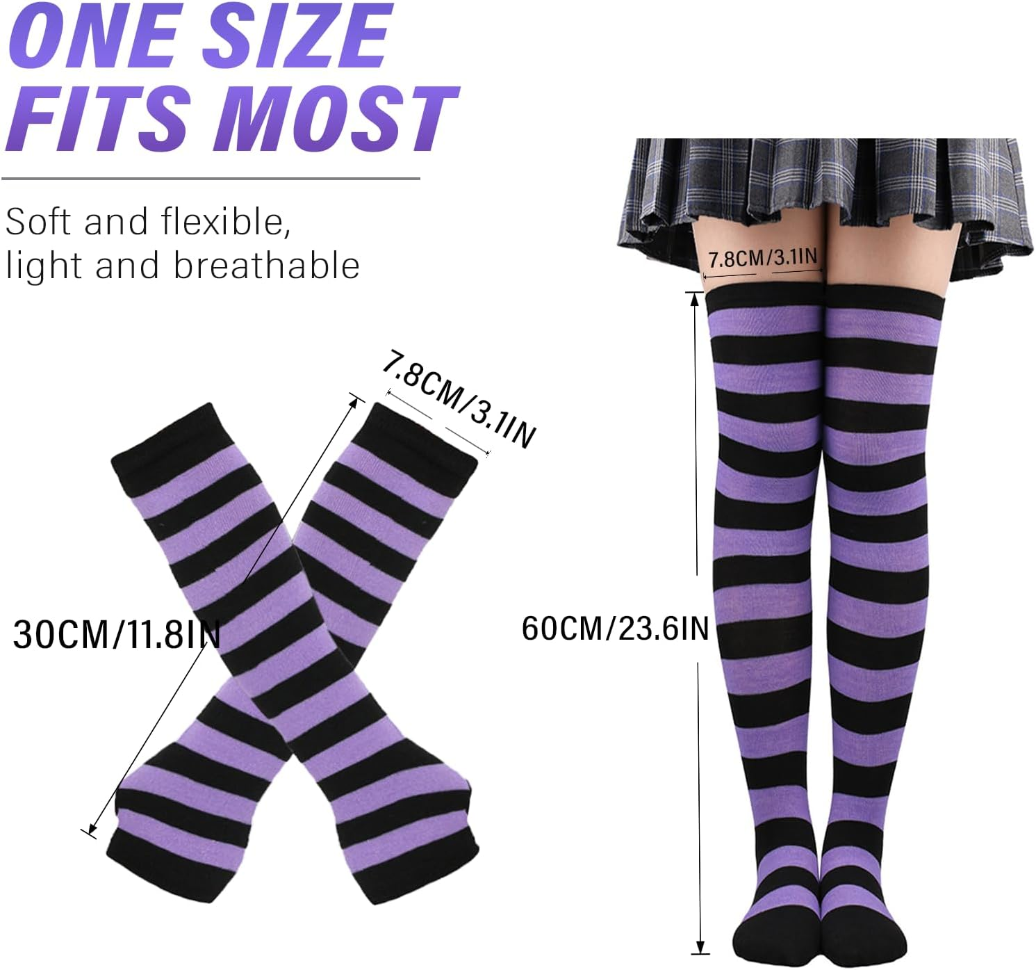1 Thigh High Socks with 1 Fingerless Gloves,Cute Stripe Long Knee High Socks, Funny Soft Leg Warmers for Novelty Party Halloween Cosplay Stage - Black White image number 2