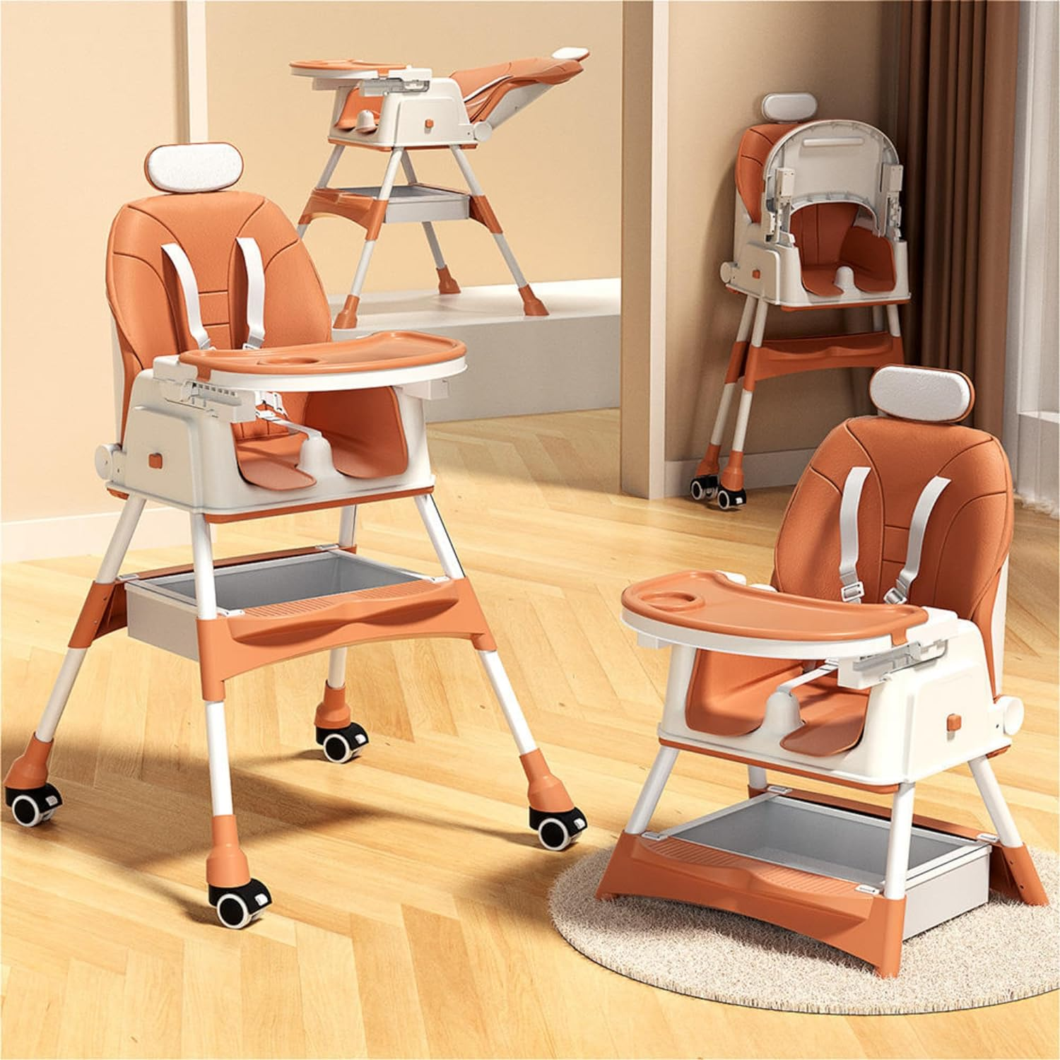 New Multifunctional Baby Highchair with 4 Wheels | Infant/Toddler Dining Chair Adjustable Highchair | Multi-Gear Tray, Removable Seat Cushion & 5 Point Harness, Portable High Chair (Brown)