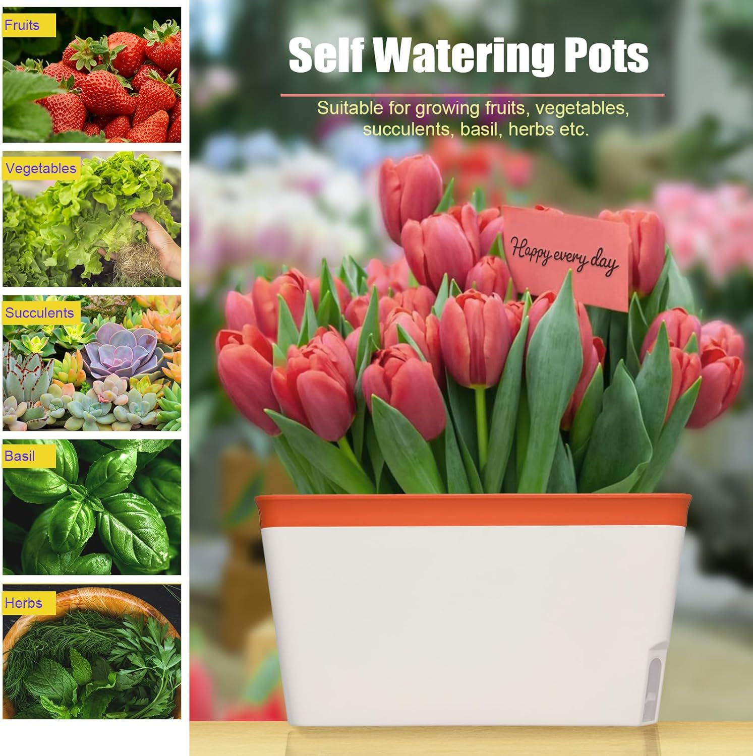 Ourwarm Windowsill Herb Planter Box, Set of 3, Self Watering Plant Pots, 10.5 Inch Rectangular Planter Pots, Decorative Garden Flower Pots for Indoor Plants, Herbs, Vegetables, Flowers (3 Colors) image number 1