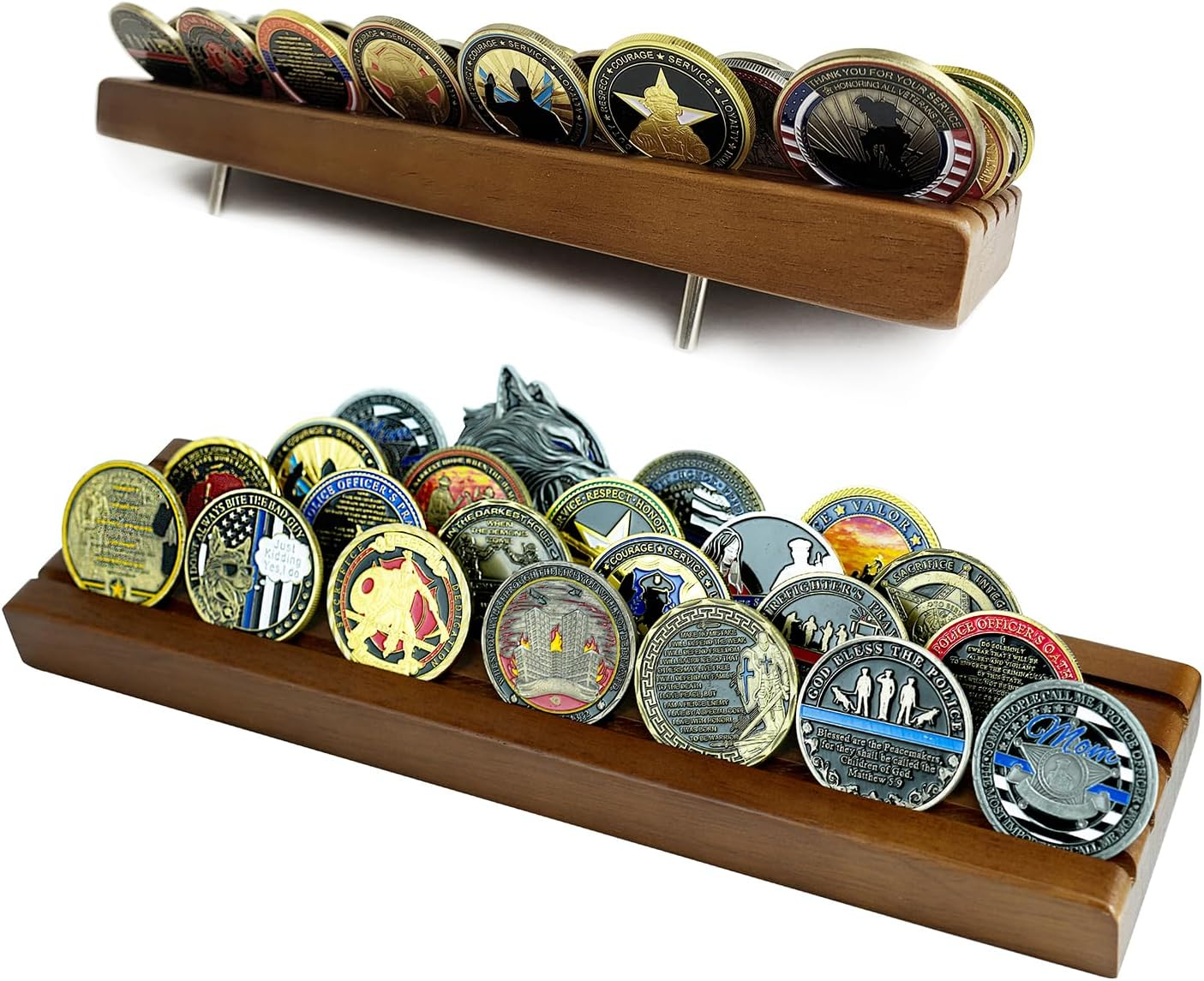 Challenge Coin Display Stand 4 Rows Wooden Military Coin Holder Rack Case Holds 30 Coins, Walnut Finish image number 5