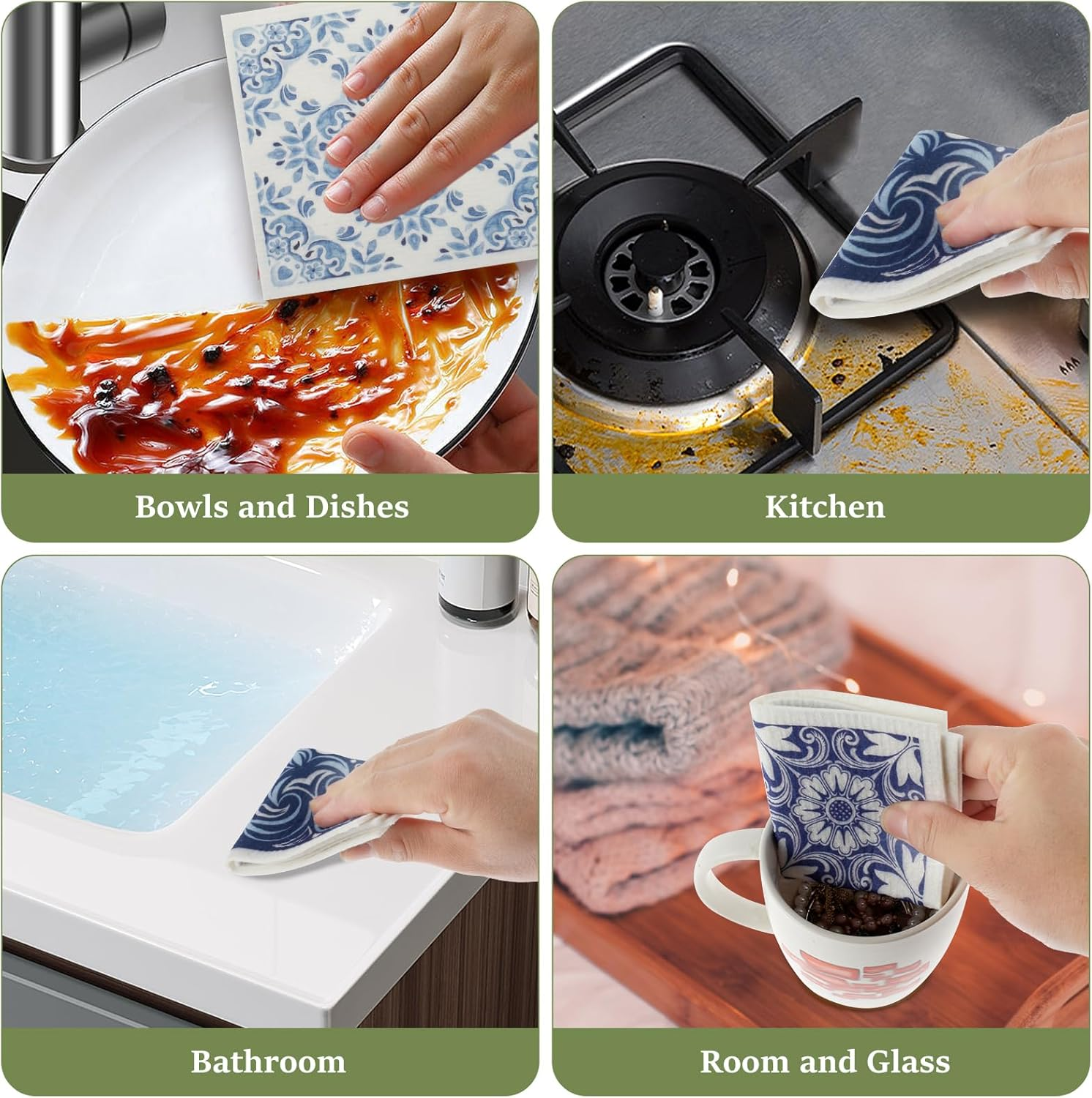 6Pcs Swedish Dishcloths - Reusable Kitchen Dish Cloth Towels - Absorbent Kitchen Dish Rags - Soft Cellulose Sponge Cloths - 7.7 X 6.7Inch - Blue, Geometric Pattern image number 3