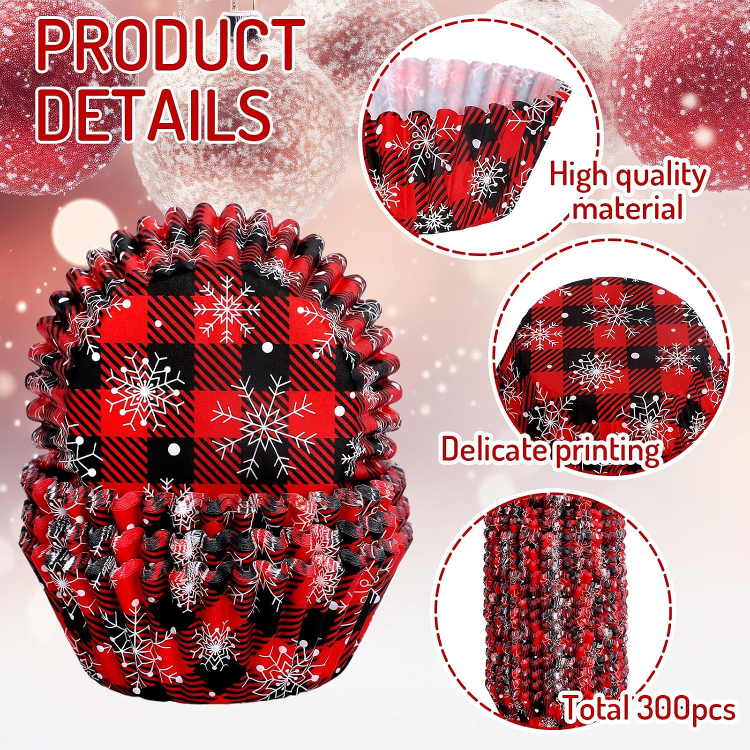 Whaline 300Pcs Christmas Plaid Snowflake Cupcake Liners Red Black Buffalo Plaid Cupcake Wrappers Baking Cups Holders Muffin Liners for Xmas Winter Holiday Birthday Party Supplies image number 6