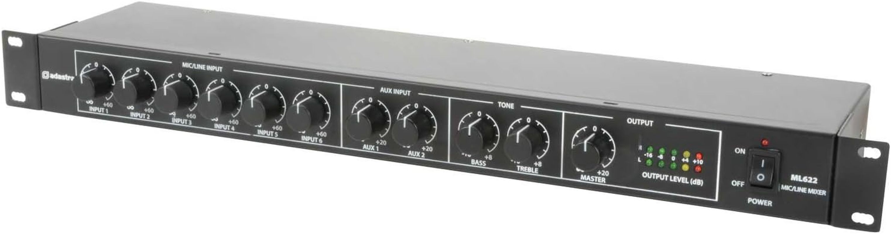 Adastra TR86 1U Rack-Mountable Black Mixer with 6 Switchable Mic/Line Inputs, 2 Aux Inputs, Individually Switchable Phantom Power, 24Vdc Power Option image number 2