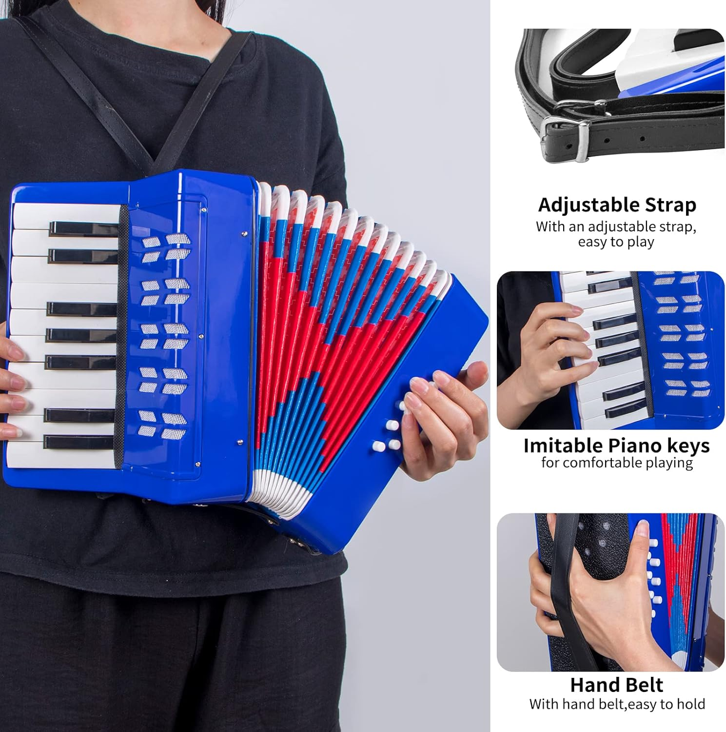 Accordion, 17 Keys Piano Accordion 8 Bass with Straps for Beginners Kids Student Educational Musical Instrument (Blue) image number 5