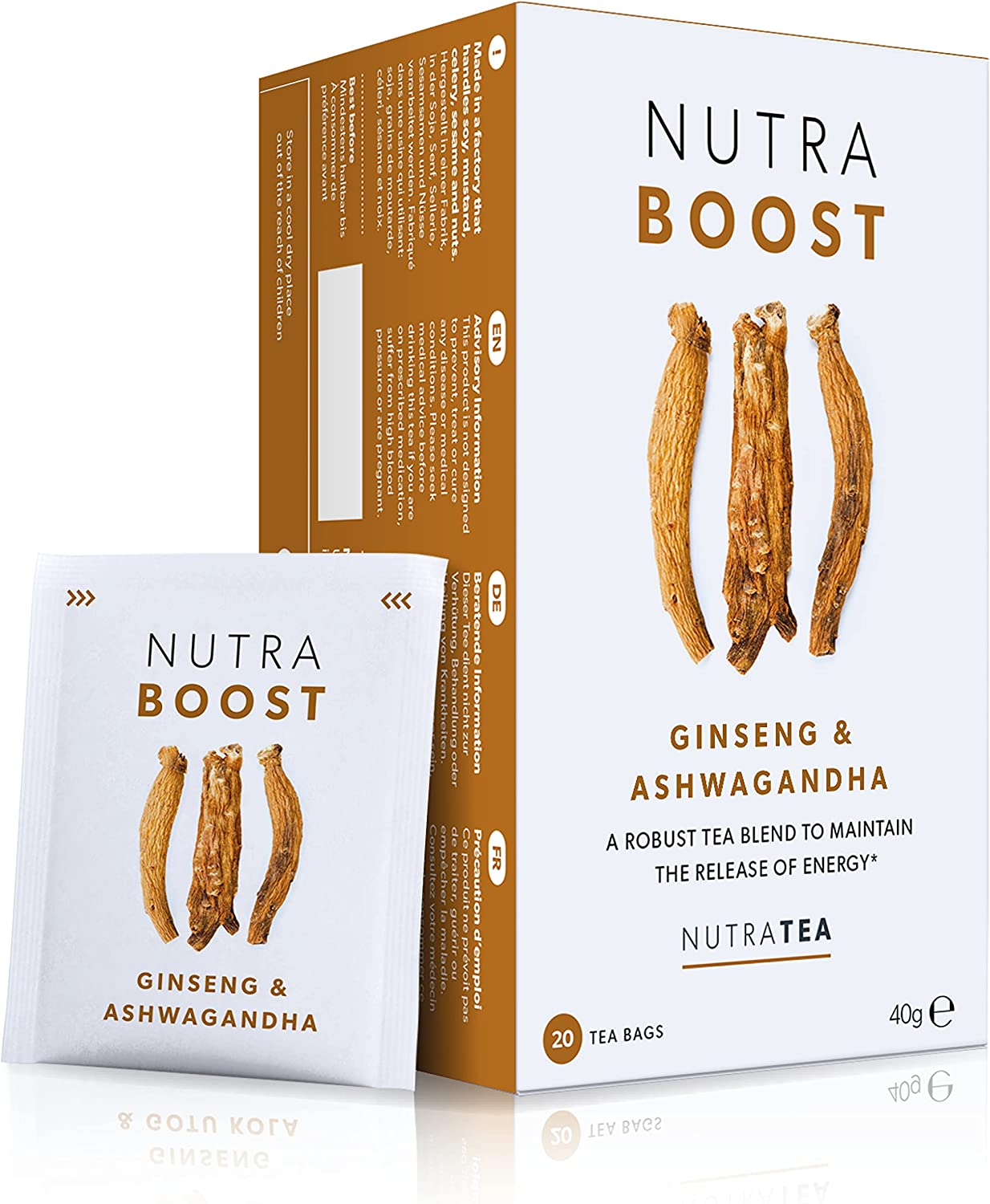 NUTRABOOST - Energy Tea | Herbal Energy Boost Tea - Help with Tiredness and Fatigue - Includes Green Tea, Ginseng & Ashwagandha - 40 Enveloped Tea Bags - by Nutra Tea - Herbal Tea - (2 Pack) image number 4