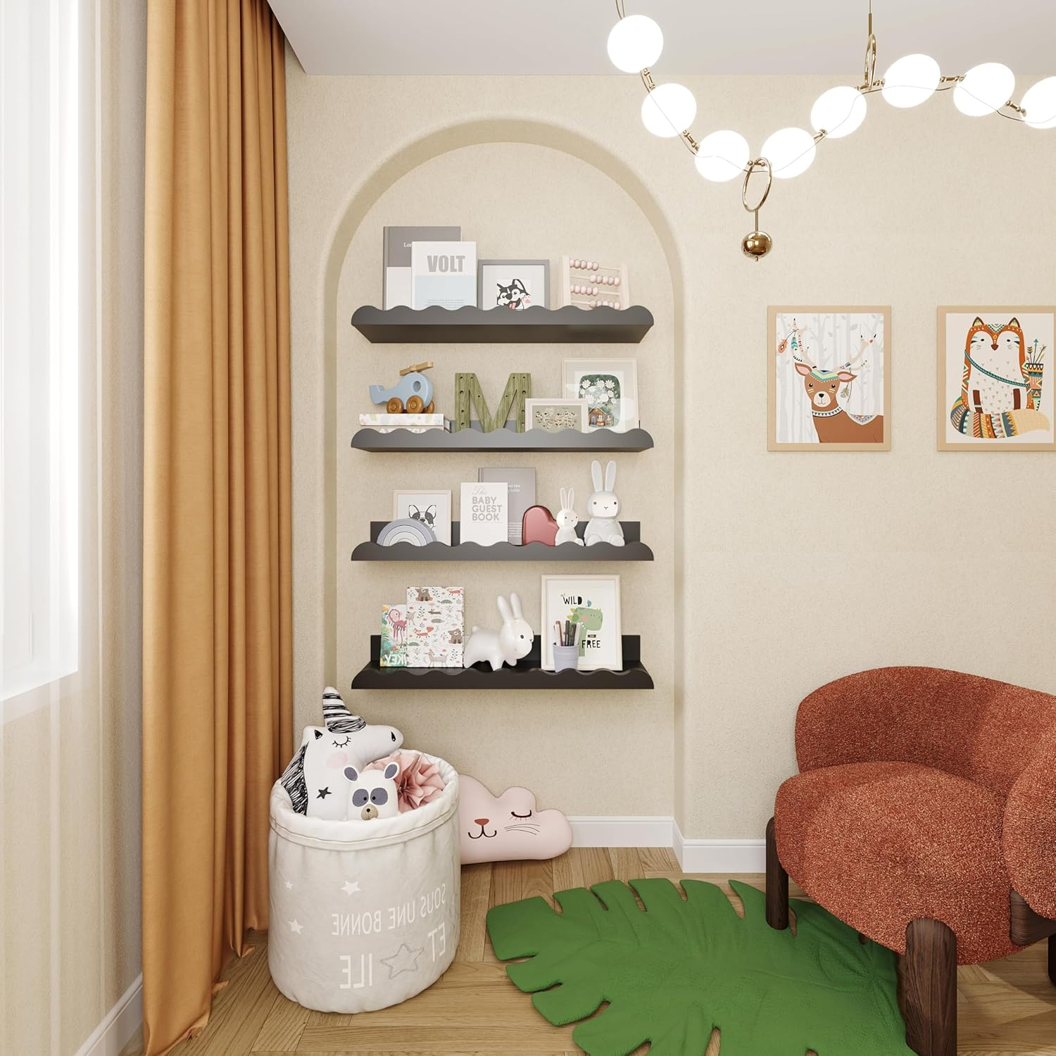 Kids Nursery Bookshelves, 4 PCS White Floating Book Shelves, Picture Ledge Shelf for Wall Decor and Storage - Perfect for Books, Toys, Photo Frames, and Nursery D&eacute;cor (Black)（16.5 * 3.34 * 1.97''） image number 3