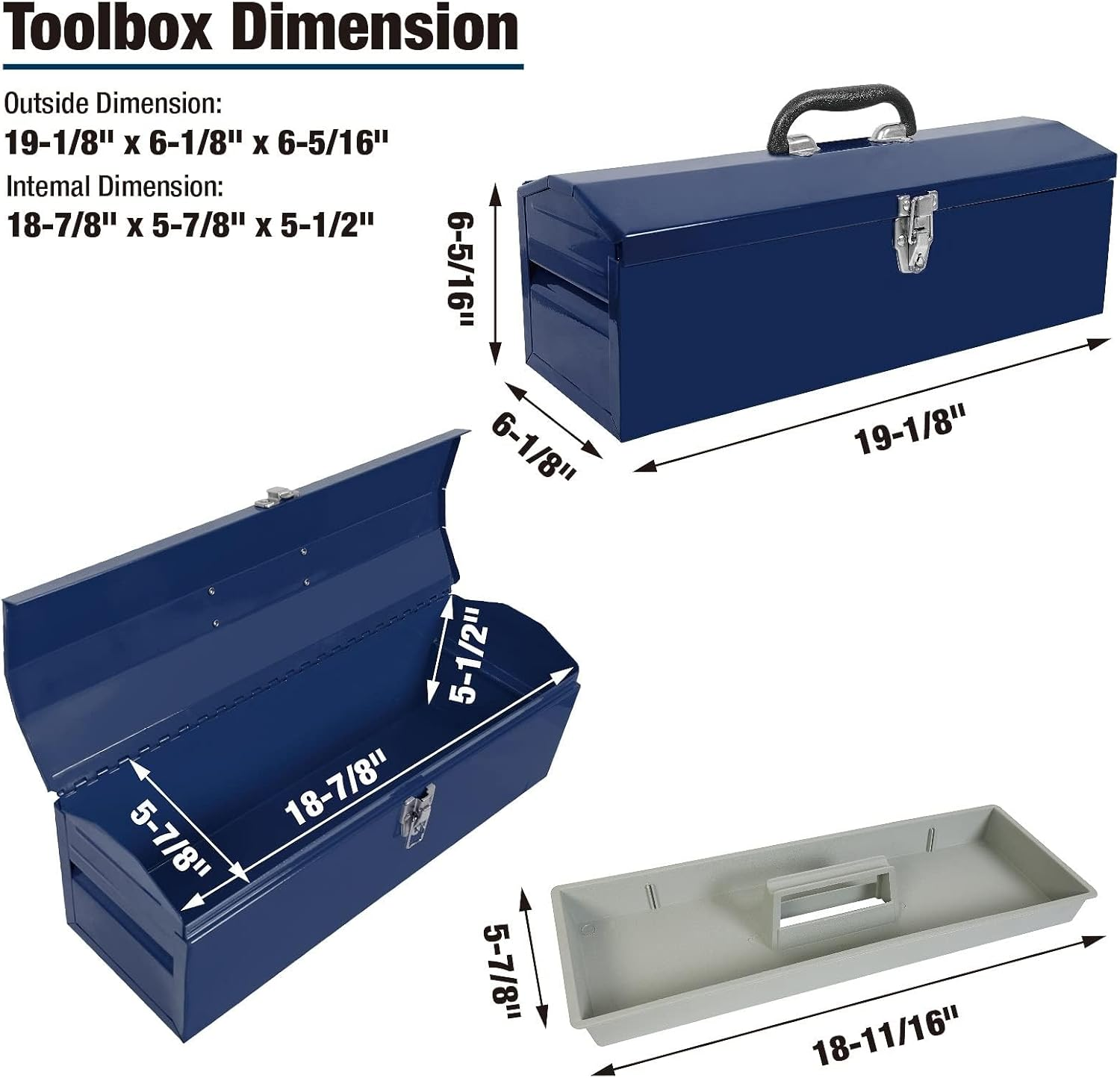 TCE ATB101U-1 Torin Portable Steel Tool Box: 19" Hip Roof Style with Metal Latch Closure and Removable Storage Tray, Blue image number 5