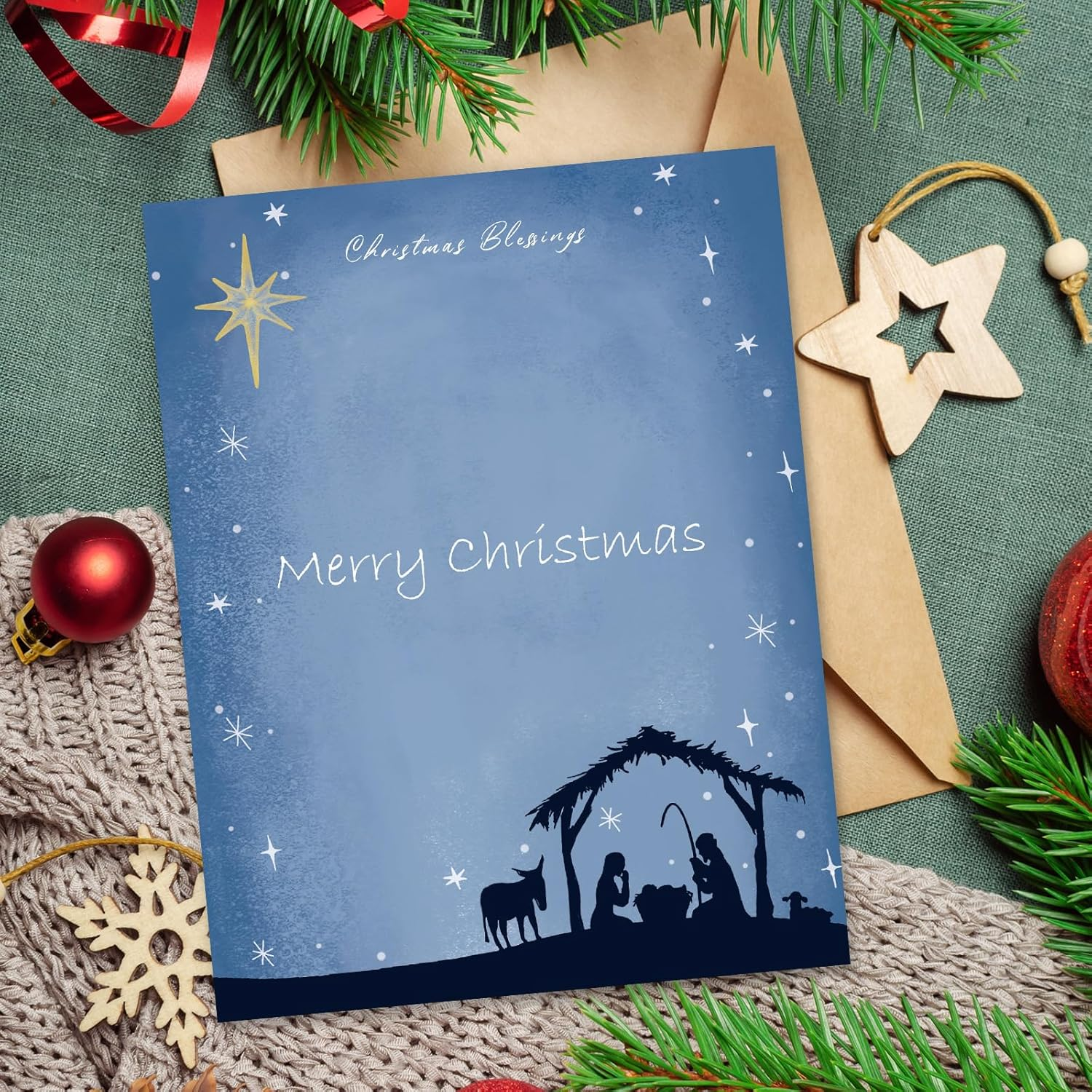 Anydesign 80 Pack Christmas Stationery Letterhead Paper Nativity Scene Letter Paper Blue Writing Paper Notes Greeting Paper for Invitation Office Printing Supplies, 8.5 X 11 Inch image number 6