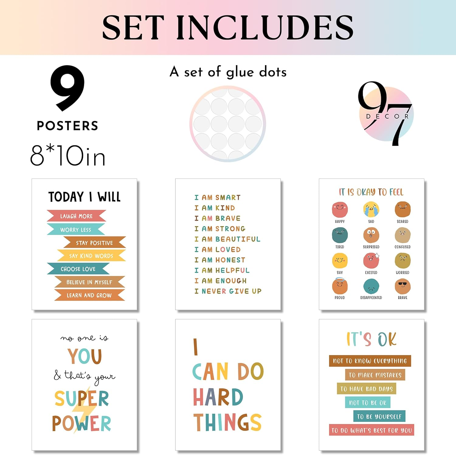 97 DECOR Kids Affirmation Wall Decor - Positive Affirmations for Kids Decor, Affirmation Art Prints Nursery Pictures, Colorful Inspirational Quotes Posters for Classroom Playroom Decor (8X10 UNFRAMED) image number 3