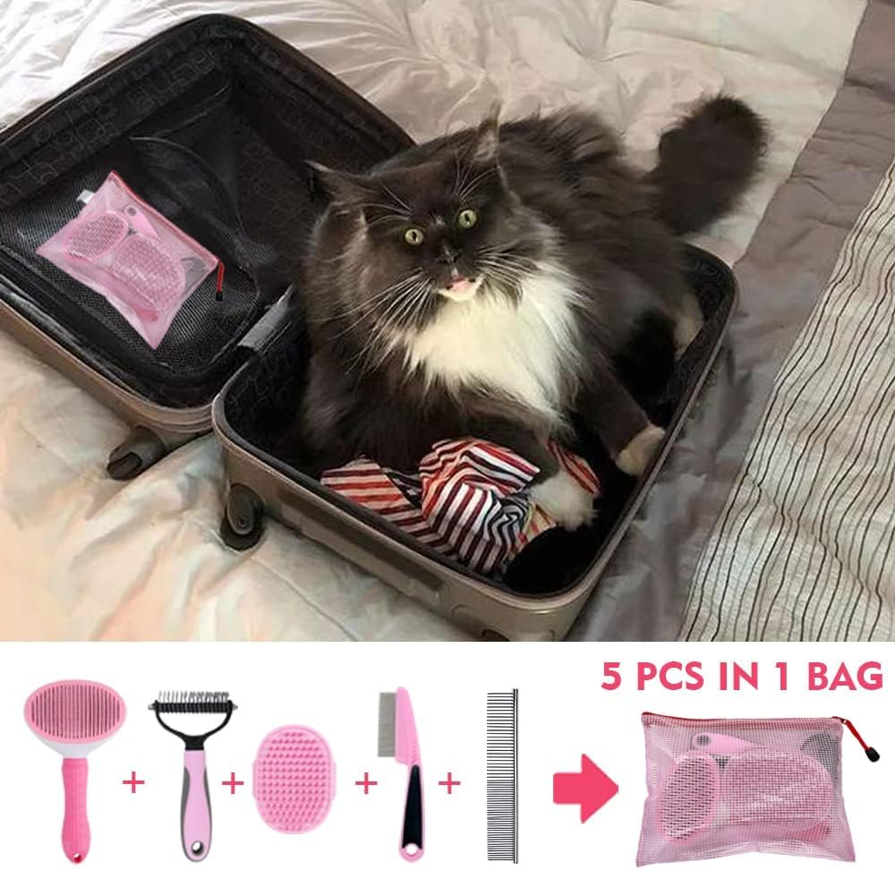 Dog Grooming Kit Pink - Deshedding Dog Brush, Pet Brush, Cat Brush, Slicker Brush, Flea Comb, Puppy Brush Set image number 3