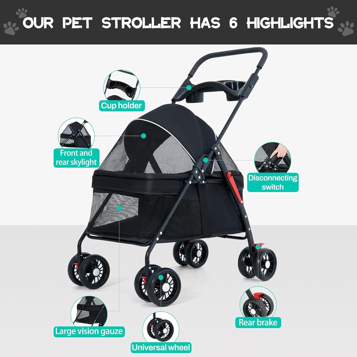 4 Wheels Dog Cat Stroller, Foldable Pet Folding Stroller with Storage Basket and Cup Holder for Medium Small Dogs Cats, Black image number 3