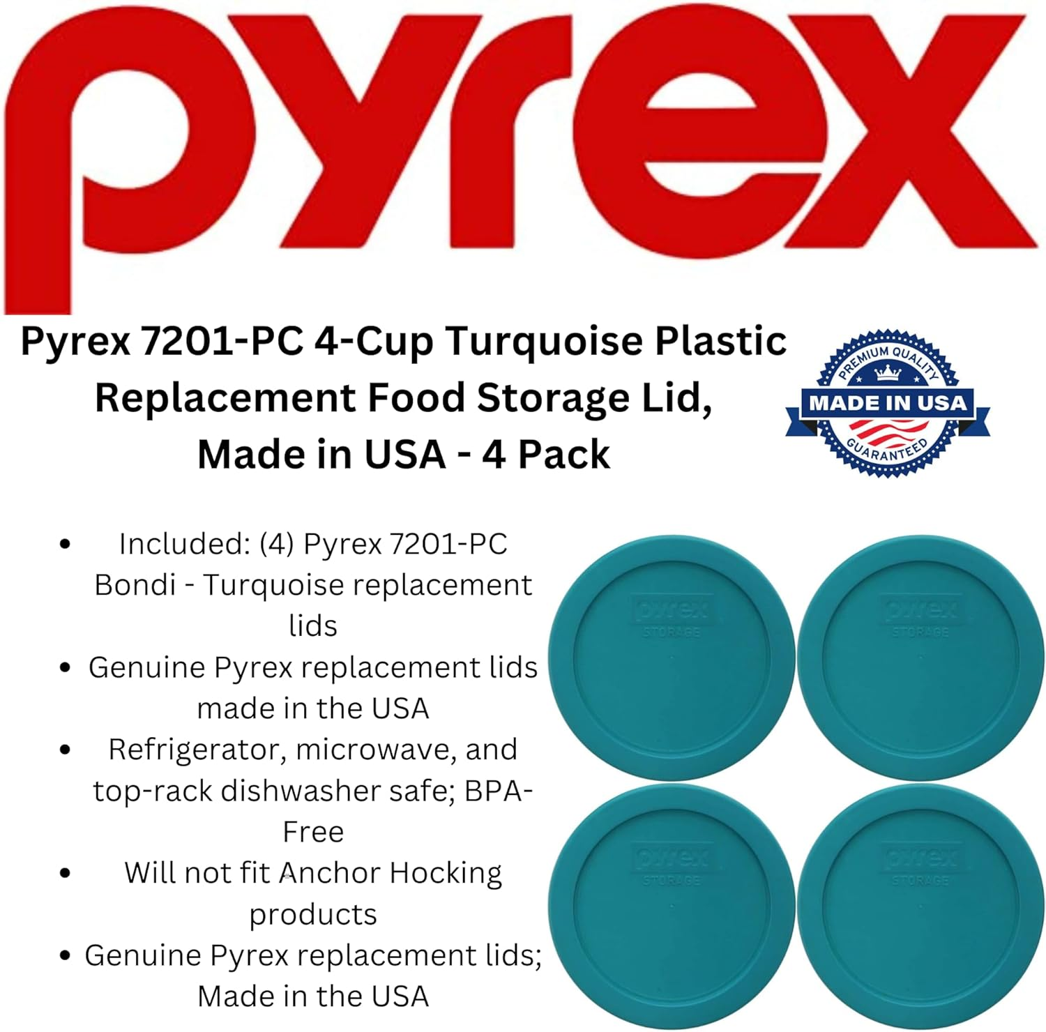 Pyrex 7201-PC 4 Cup Turquoise round Plastic Lid - 4 Pack image number 1
