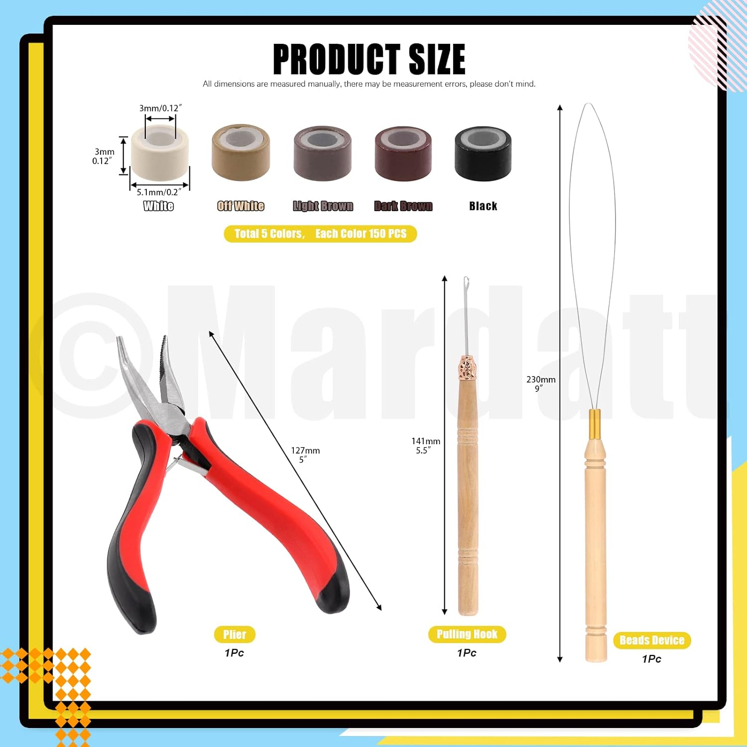 753 Pcs Hair Extension Kit, Black White Beige Dark Brown Blonde Silicone Lined Micro Rings with Remove Pliers Pulling Hook for Hair Styling Salon image number 4