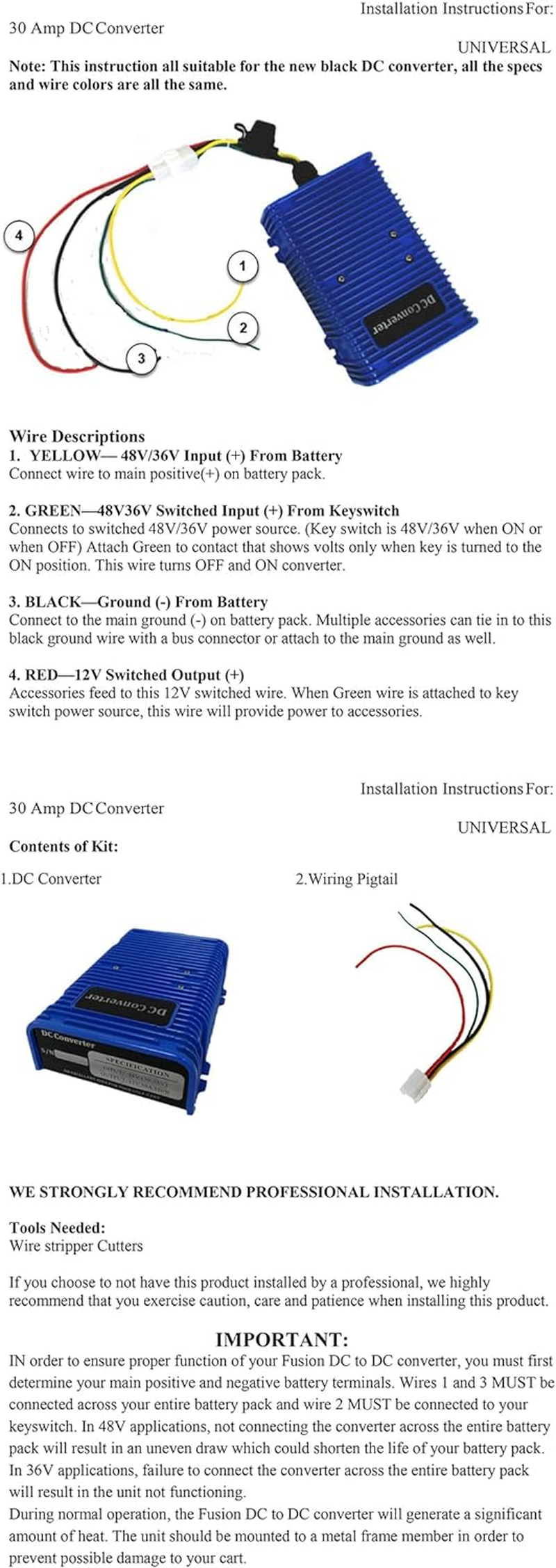 Golf Cart Voltage Reducer DC Converter 36V or 48V to 12V / 30 Amp 360 Watts with Dual Power Source image number 3