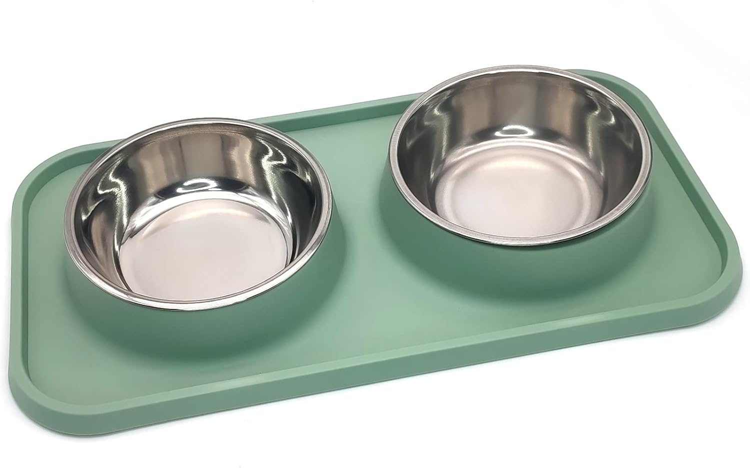 BNOSDM Double Dog Food Bowls Stainless Steel Dog Food and Water Bowls with Non-Spill Plastic Mat Pet Cat Feeder Bowl Set for Puppy Cats Kitten Small Dogs, Dark Green