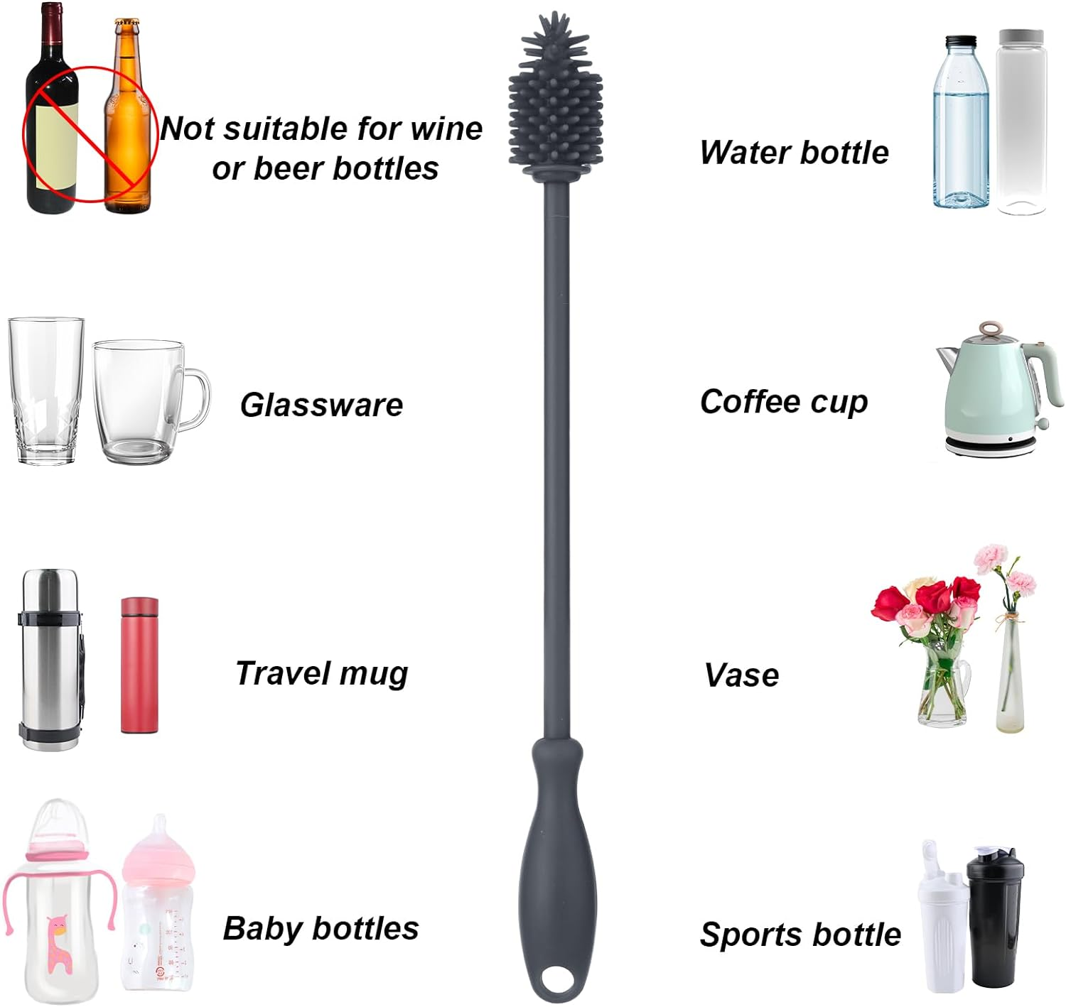 3Pcs Straw Cleaner and Bottle Brush Set, Silicone BPA Free Reusable Bottle Washing Accessories for Cans Tumblers (Grey) image number 1