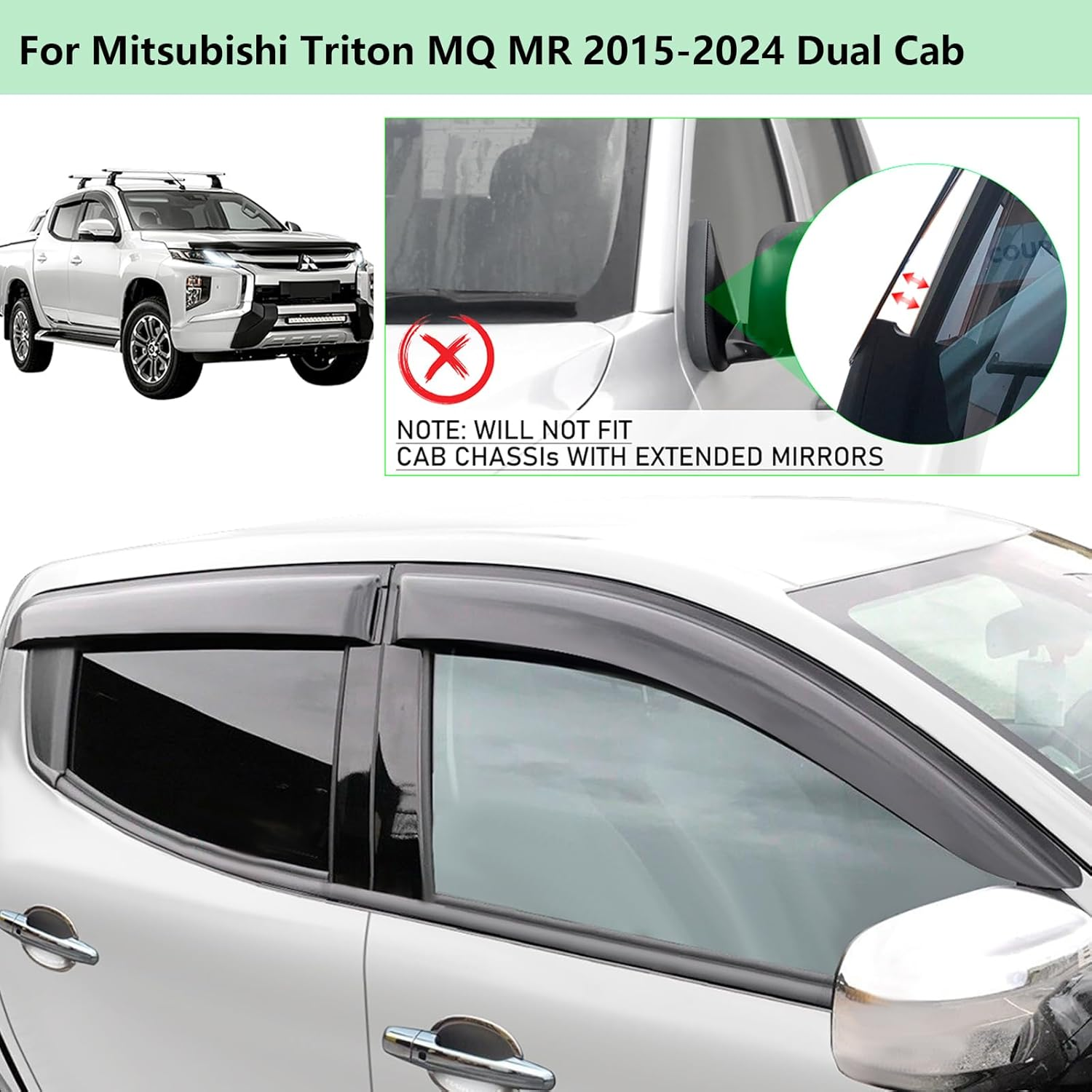 Weather Shields for Mitsubishi Triton MQ MR Accessories 2015-2024 Dual Cab, Window Visors Wind Deflectors Weathershields Car Sun Rain Guard Shield Injection Tinted Black, 4PCS image number 1