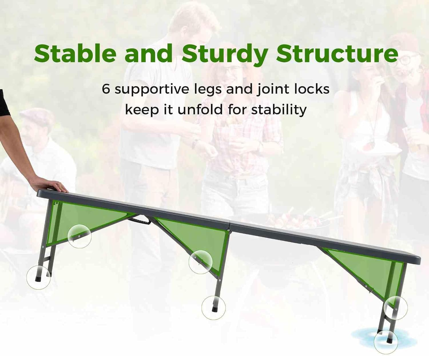 Costway 180Cm Outdoor Plastic Folding Bench, Portable Fold-In-Half Seat W/ 600Kg Capacity, HDPE Thickened Long Seat W/Handle & Lock, for Outdoor Camping Picnic Party Soccer Events (Gray) image number 1