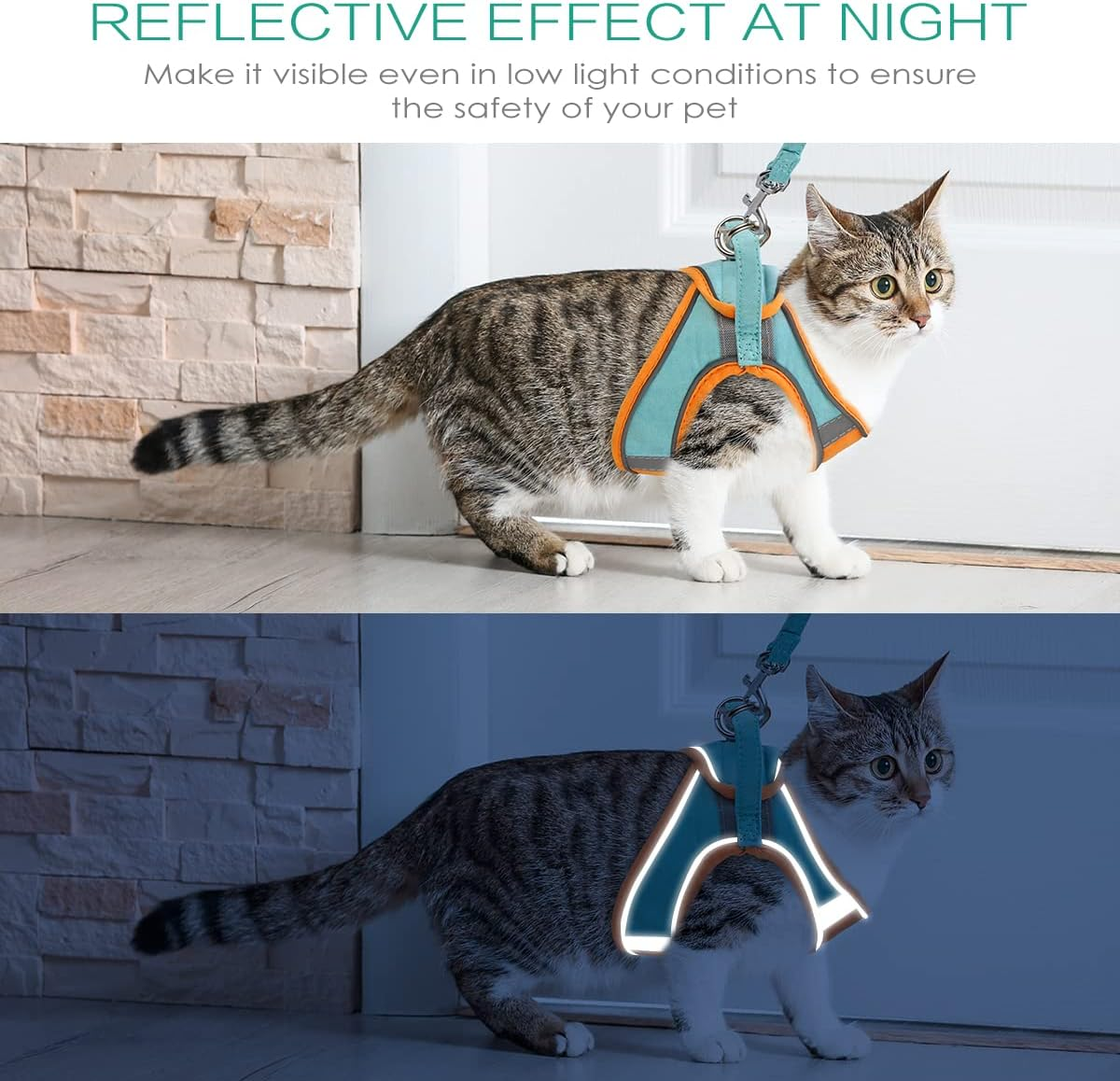 ORIA Pet Harness and Leash Set, Adjustable Dog Harness Cat Harness, Breathable Pet Vest, Reflective Strips Jacket for Walking, for Small Kitten, Puppy -Orange & Blue, XXS image number 3