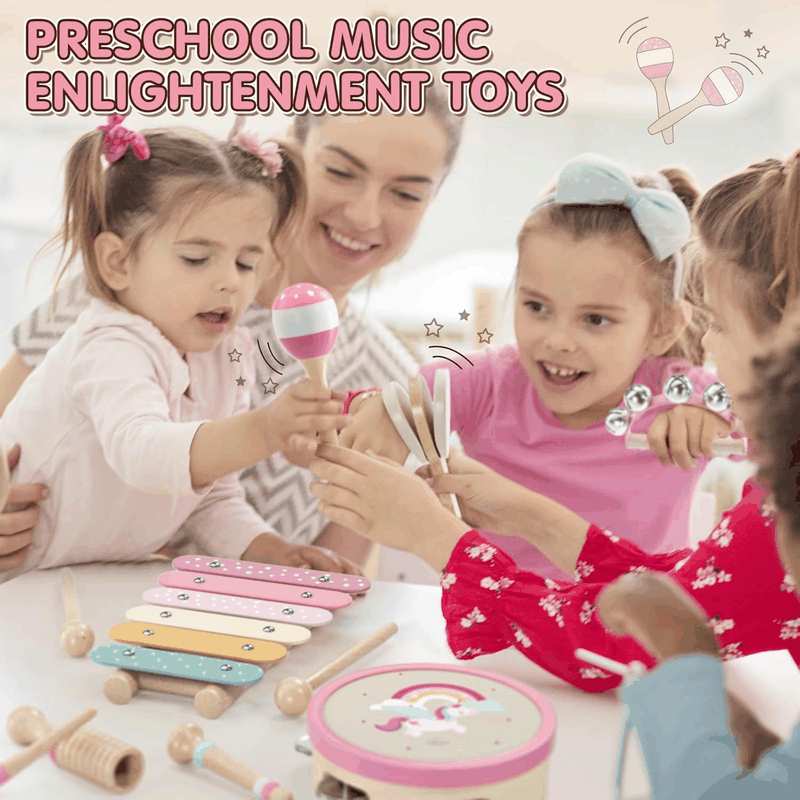 Lehoo Castle Wooden Montessori Musical Instruments Set, Toddler Toys with Xylophone, Tambourine, Drum, Clarinet, Hand Bells, Unicorn Theme image number 4