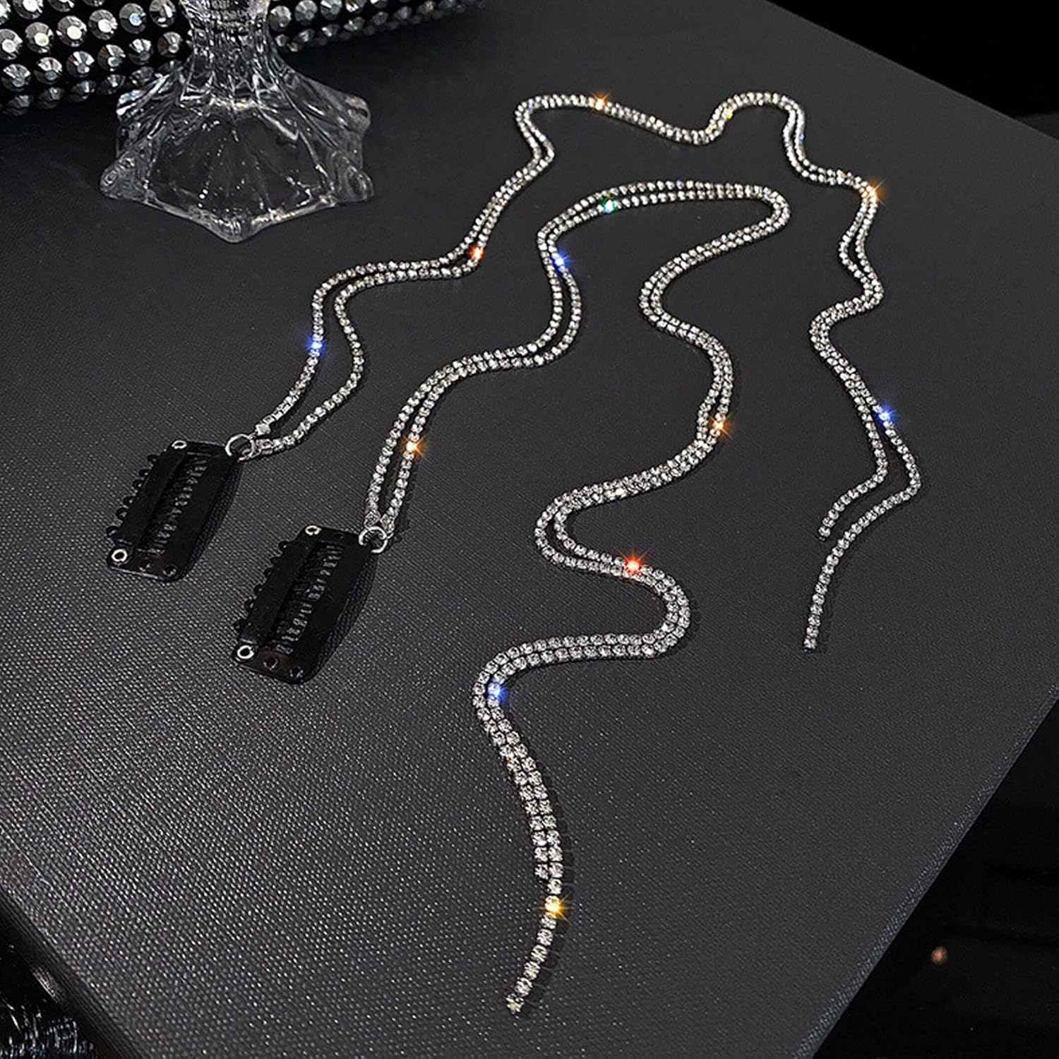 8 Pieces Long Rhinestone Hair Chains,Punk Tassel Hair Clips Bling Crystal Hair Extension 20 Inch Head Chain Silver Decorative Hair Clip Hairpin for Women and Girls Nightclub Party Daily Headwear image number 4